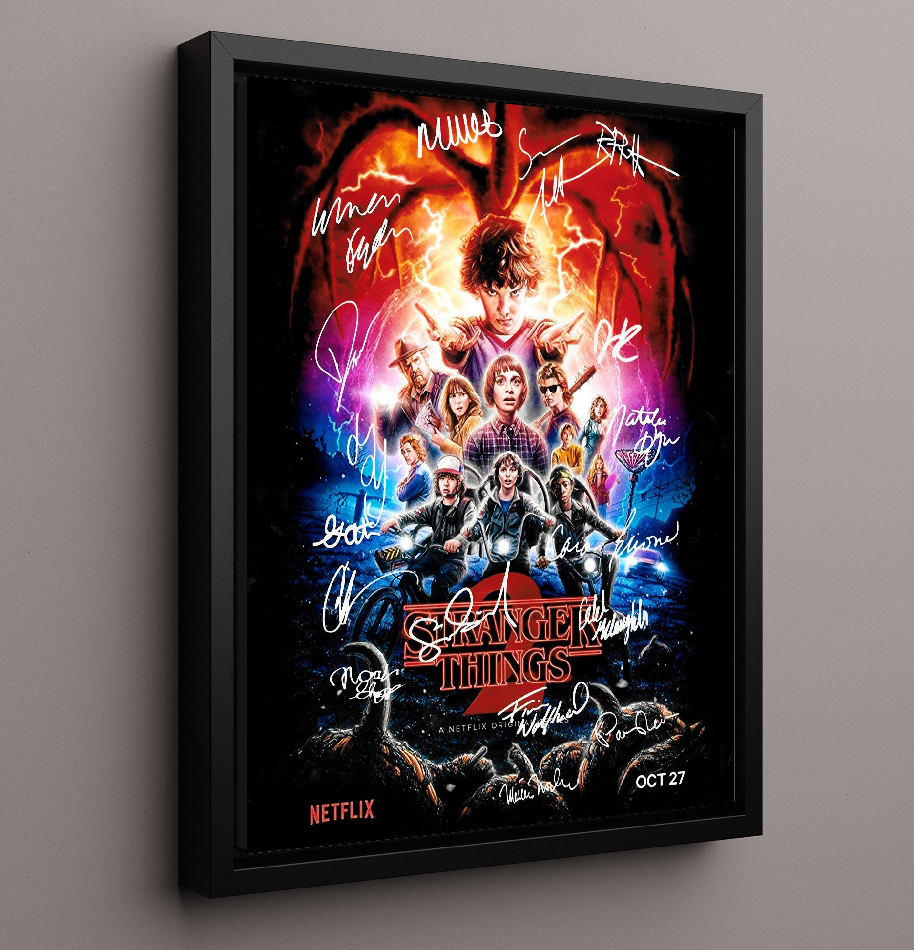Stranger Things - Millie Bobby Brown (Eleven) Season Two Ensemble Poster Lightning Background - Vintage Television Wall Art - 16x20 Framed Canvas wall art print - television decor