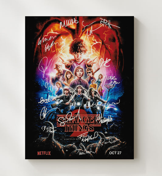 Stranger Things - Millie Bobby Brown (Eleven) Season Two Ensemble Poster Lightning Background - Canvas television wall art