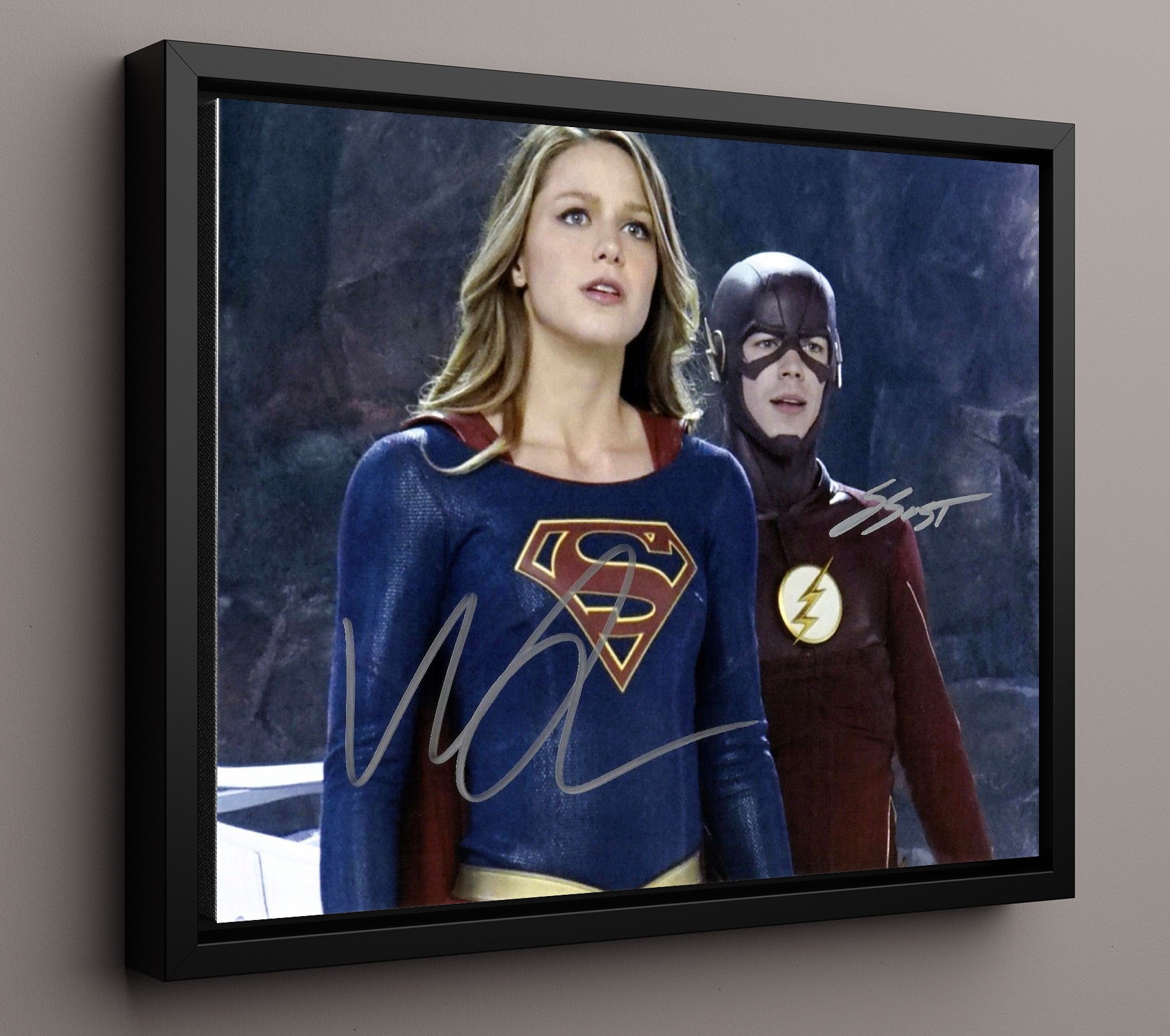 Supergirl - Melissa Benoist (Kara Danvers) and Grant Gustin (Barry Allen) Supergirl and Flash Team Up - Vintage Television Wall Art - 16x20 Framed Canvas wall art print - television decor