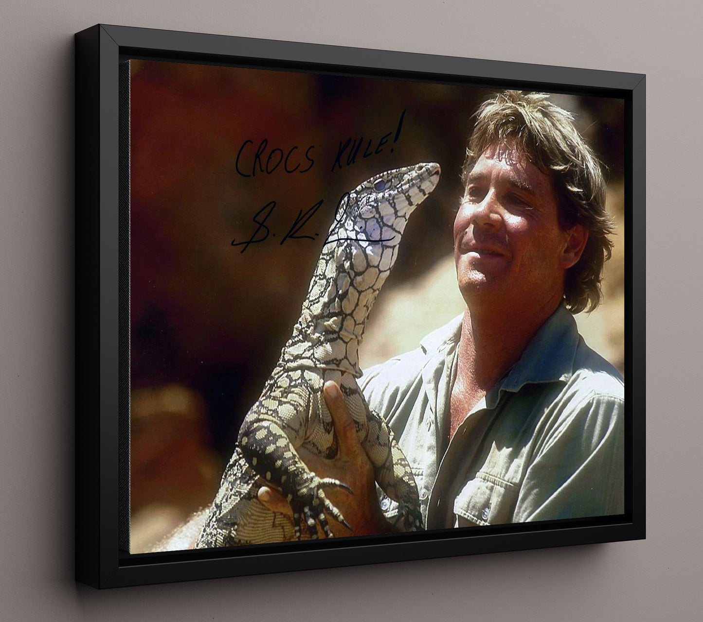 The Crocodile Hunter - Steve Irwin (Himself) Holding Monitor Lizard - Vintage Television Wall Art - 16x20 Framed Canvas wall art print - television decor