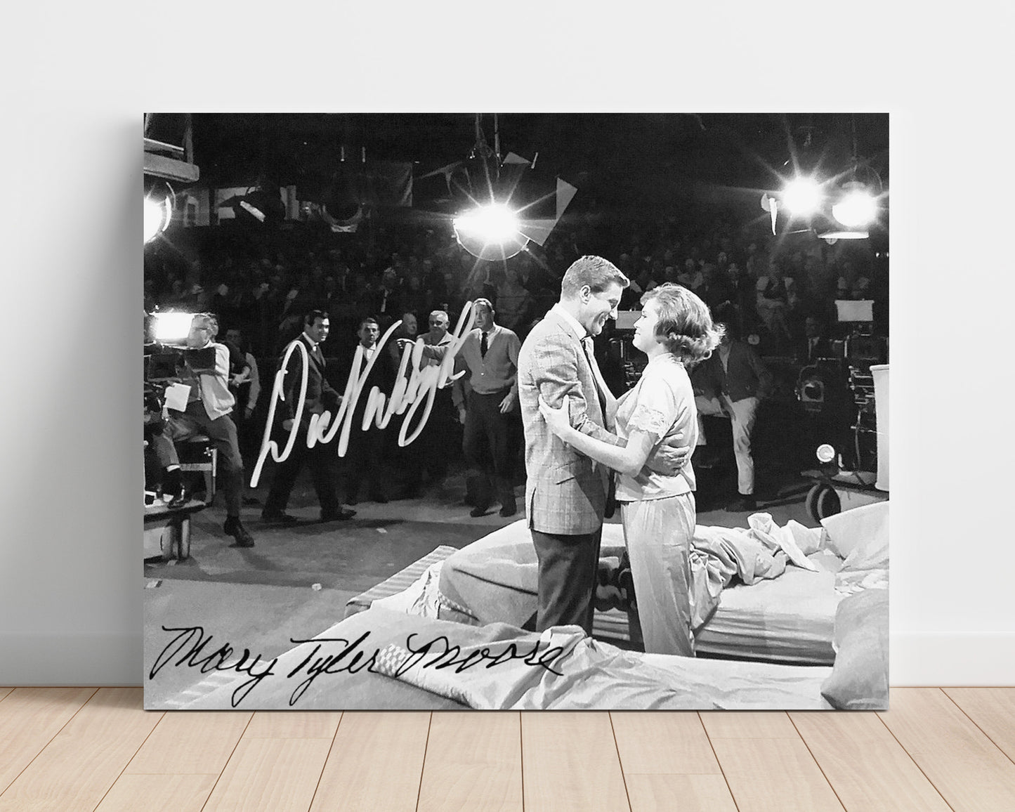 The Dick Van Dyke Show - Dick Van Dyke (Rob Petrie) and Mary Tyler Moore (Laura Petrie) Studio Embrace Scene - Vintage Television Wall Art - 16x20 Unframed Print wall art print - television decor