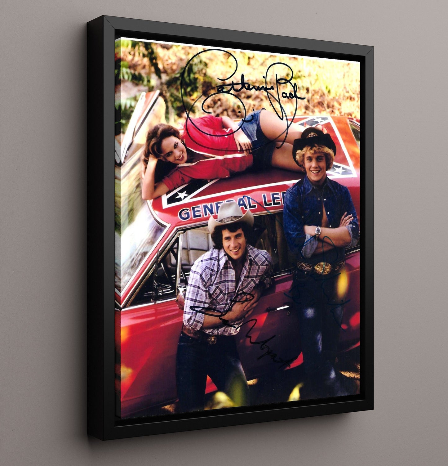 The Dukes of Hazzard - Catherine Bach Daisy Duke General Lee Hood - Vintage Television Wall Art - 16x20 Framed Canvas wall art print - television decor