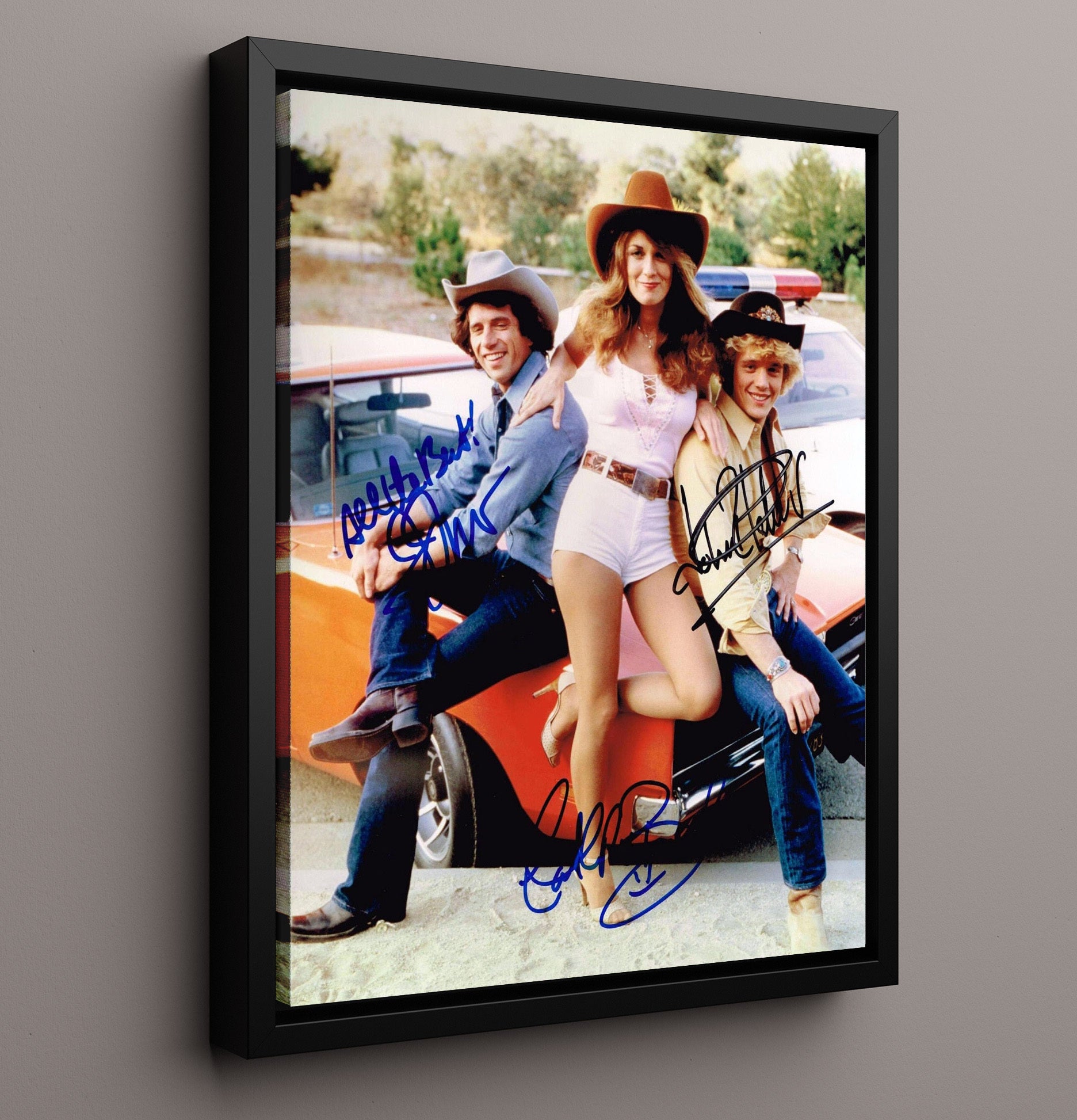 The Dukes of Hazzard - John Schneider Tom Wopat Catherine Bach General Lee Cast - Vintage Television Wall Art - 16x20 Framed Canvas wall art print - television decor