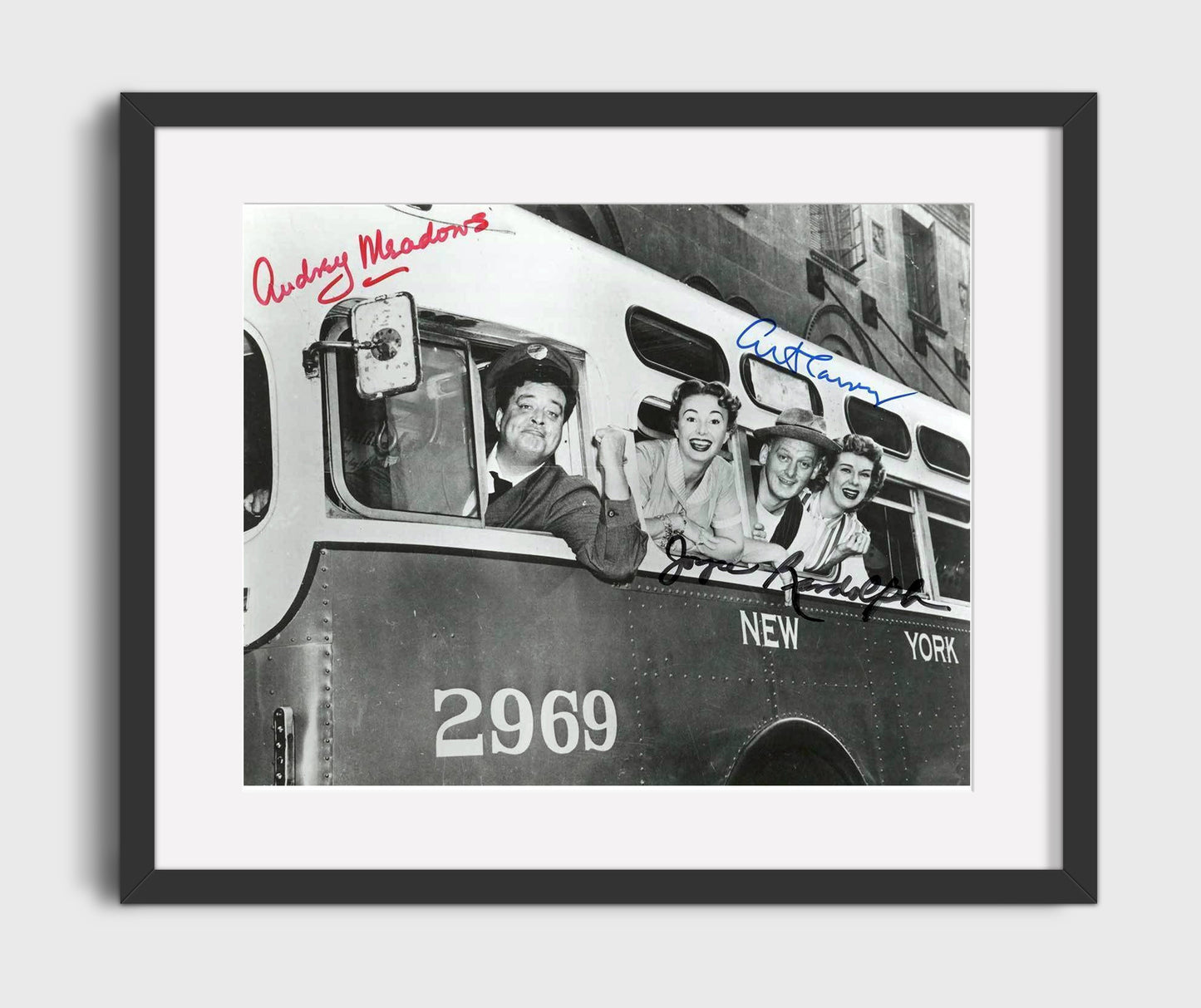 The Honeymooners - Jackie Gleason (Ralph Kramden) Ensemble Bus Window Cast Scene - Vintage Television Wall Art - 16x20 Gallery Frame wall art print - television decor