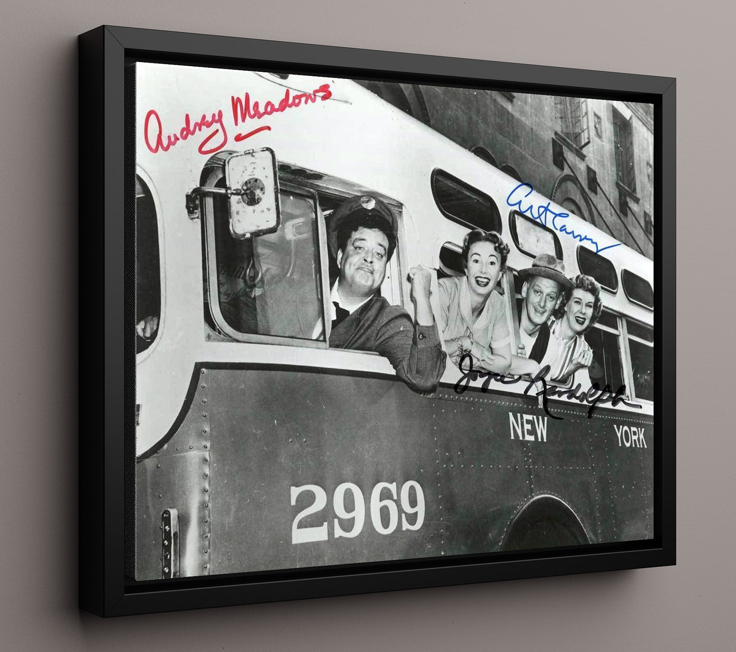 The Honeymooners - Jackie Gleason (Ralph Kramden) Ensemble Bus Window Cast Scene - Vintage Television Wall Art - 16x20 Framed Canvas wall art print - television decor
