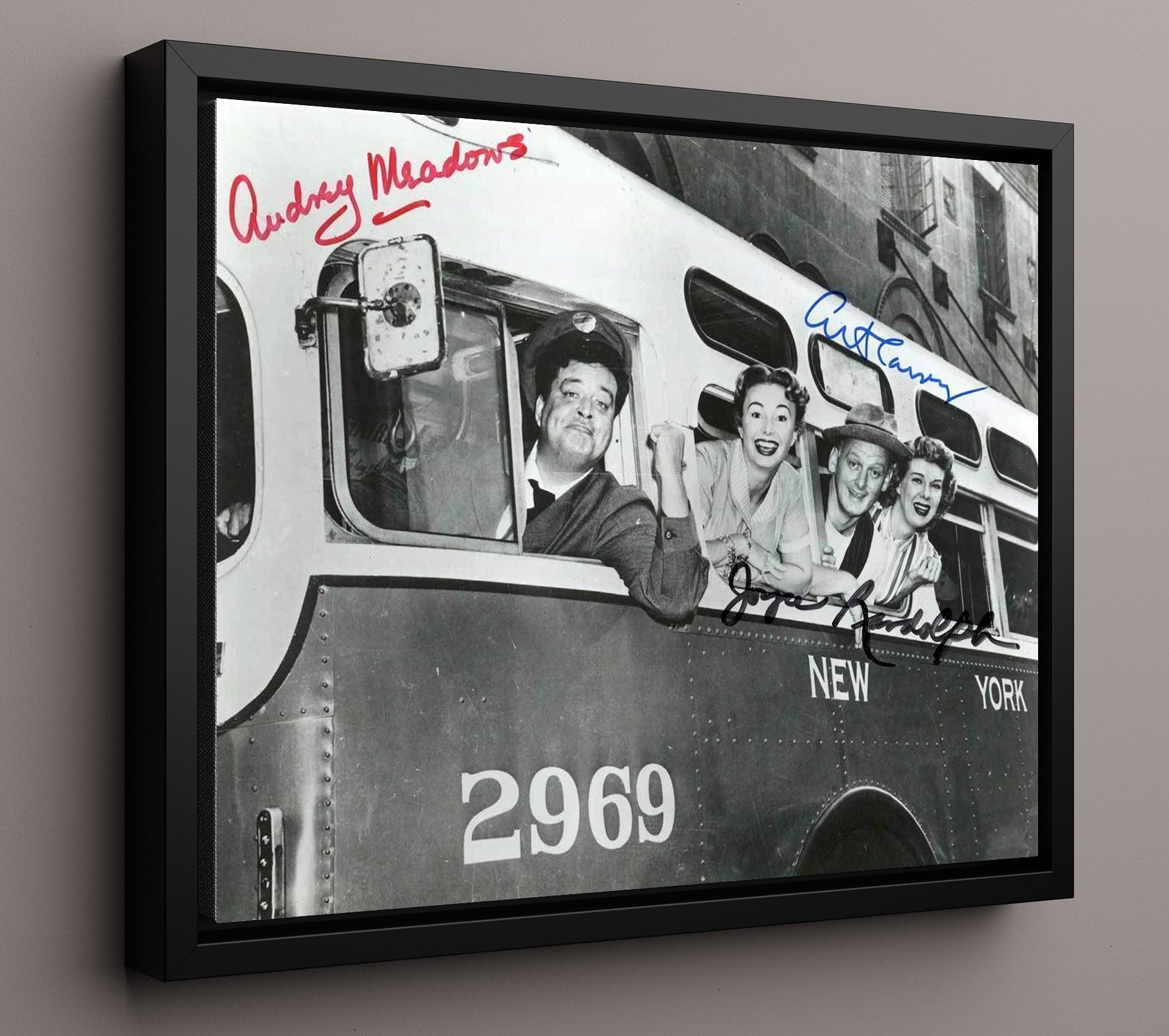 The Honeymooners - Jackie Gleason (Ralph Kramden) Ensemble Bus Window Cast Scene - Vintage Television Wall Art - 16x20 Framed Canvas wall art print - television decor
