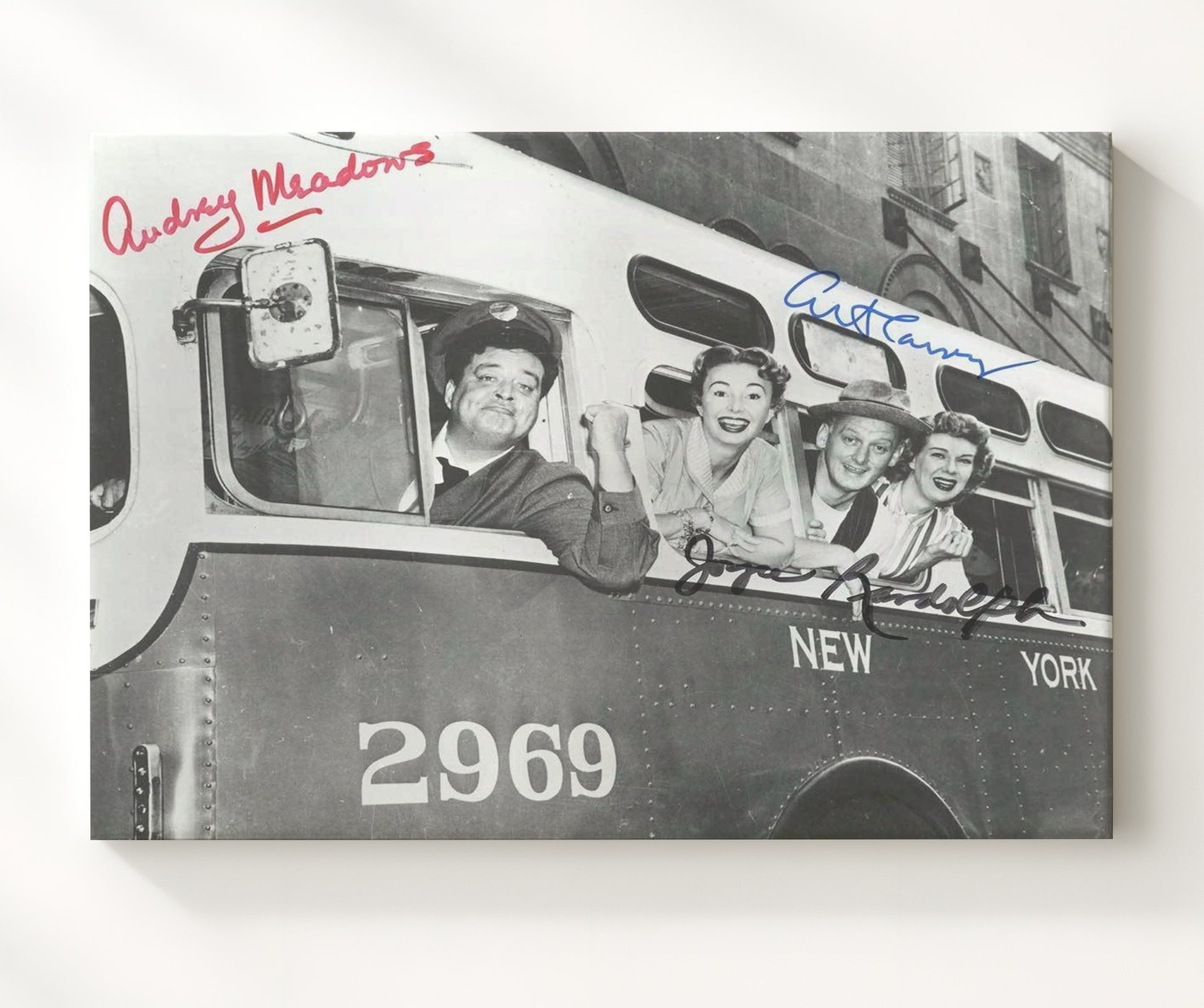 The Honeymooners - Jackie Gleason (Ralph Kramden) Ensemble Bus Window Cast Scene - Vintage Television Wall Art - 20x24 Canvas wall art print - television decor