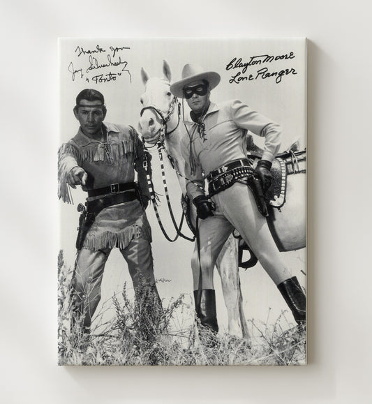 The Lone Ranger - Clayton Moore - Lone Ranger and Tonto with Silver Horse Photo - Canvas television wall art