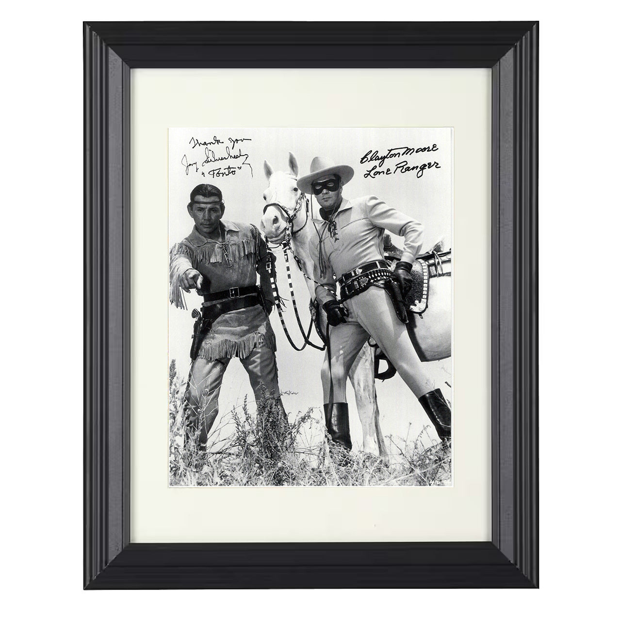 The Lone Ranger – Clayton Moore – Lone Ranger and Tonto – 8x10 black beveled framed television wall art