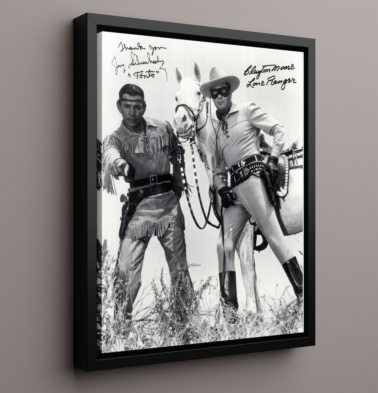 The Lone Ranger - Clayton Moore - Lone Ranger and Tonto with Silver Horse Photo - Vintage Television Wall Art - 16x20 Framed Canvas wall art print - television decor
