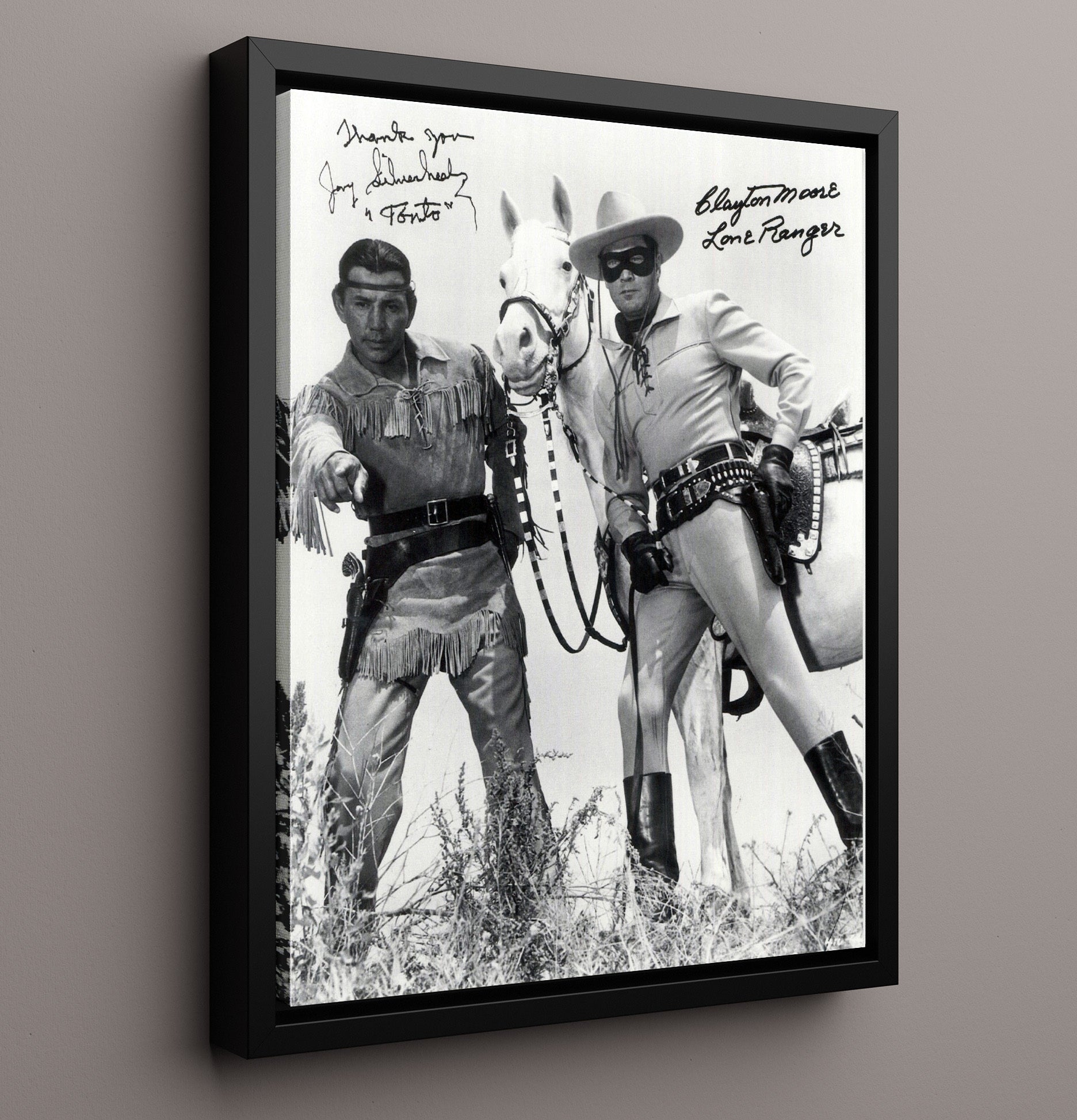 The Lone Ranger - Clayton Moore - Lone Ranger and Tonto with Silver Horse Photo - Vintage Television Wall Art - 16x20 Framed Canvas wall art print - television decor