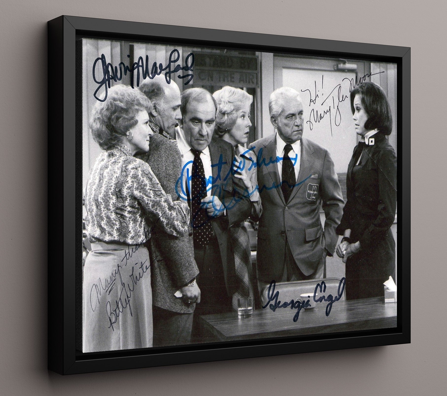 The Mary Tyler Moore Show - Mary Tyler Moore Ensemble Cast Newsroom On The Air - Vintage Television Wall Art - 16x20 Framed Canvas wall art print - television decor