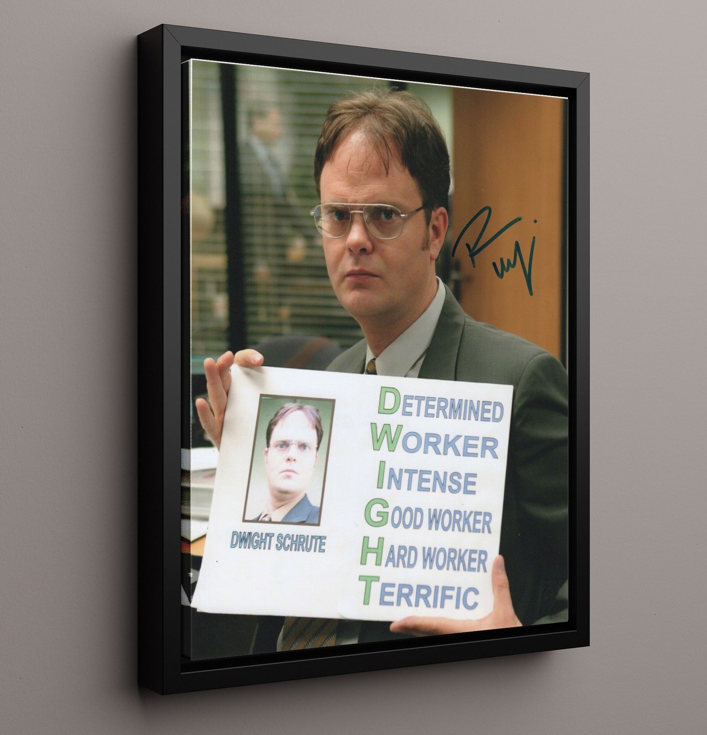 The Office - Rainn Wilson (Dwight Schrute) Holding DIGHT Acronym Poster - Vintage Television Wall Art - 16x20 Framed Canvas wall art print - television decor