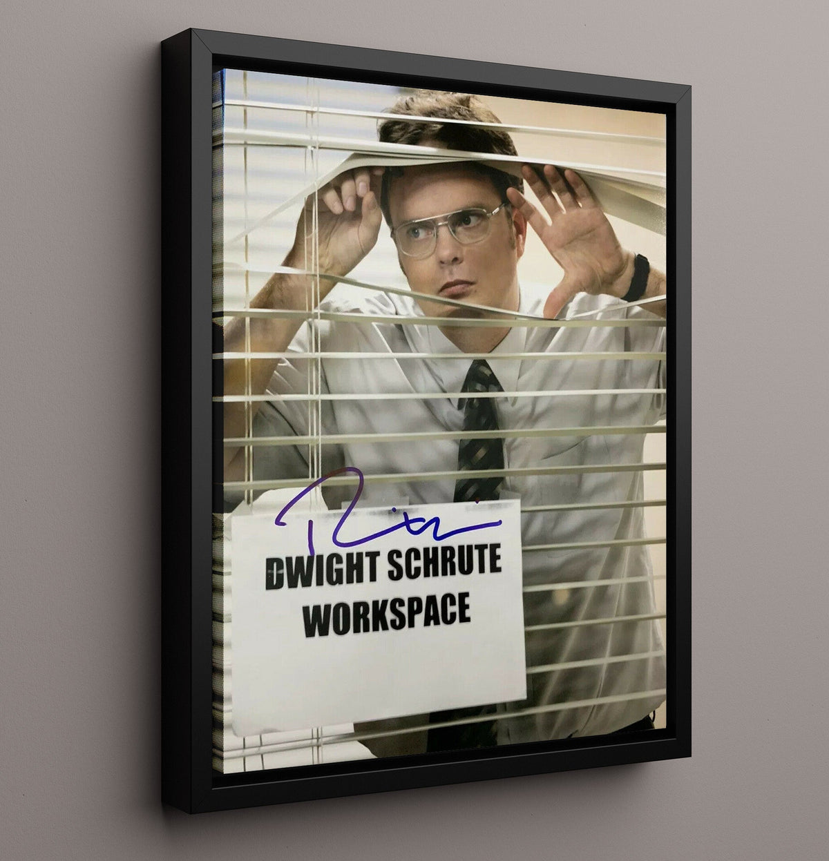 The Office - Rainn Wilson (Dwight Schrute) Peeking Through Office Blinds - Framed Canvas television wall art