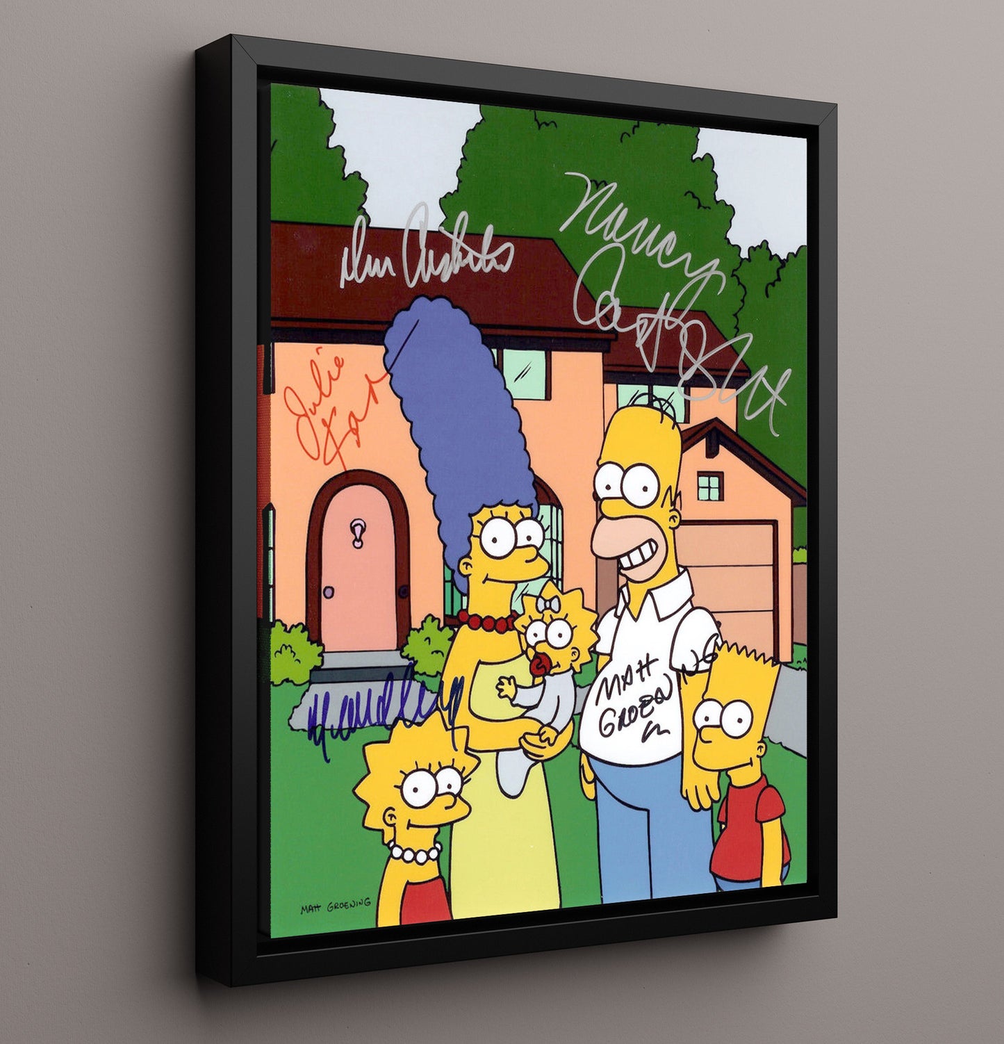 The Simpsons - Dan Castellaneta (Homer Simpson) Simpson Family Standing in Front of House - Vintage Television Wall Art - 16x20 Framed Canvas wall art print - television decor