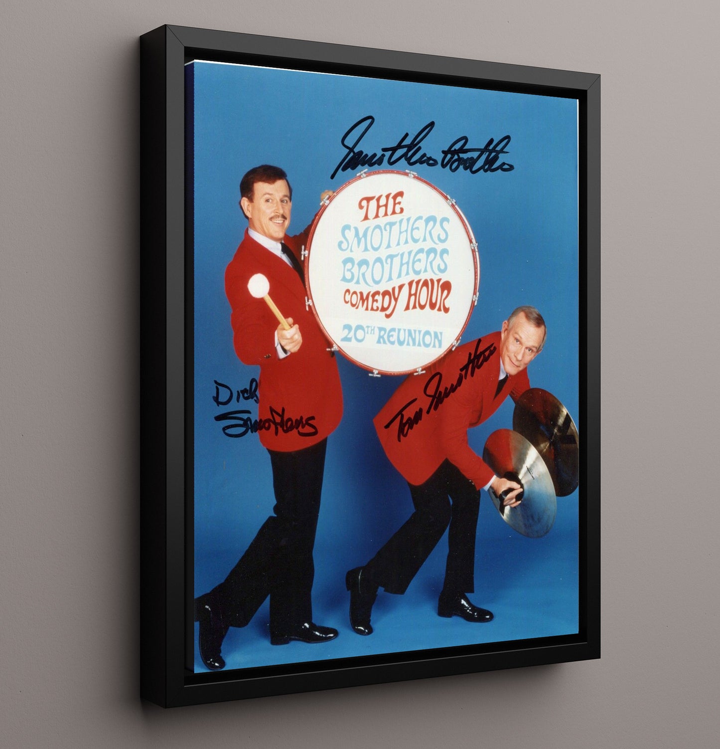 The Smothers Brothers Comedy Hour - Tom Smothers (Tom) and Dick Smothers (Dick) Drum Reunion Performance Photo - Vintage Television Wall Art - 16x20 Framed Canvas wall art print - television decor