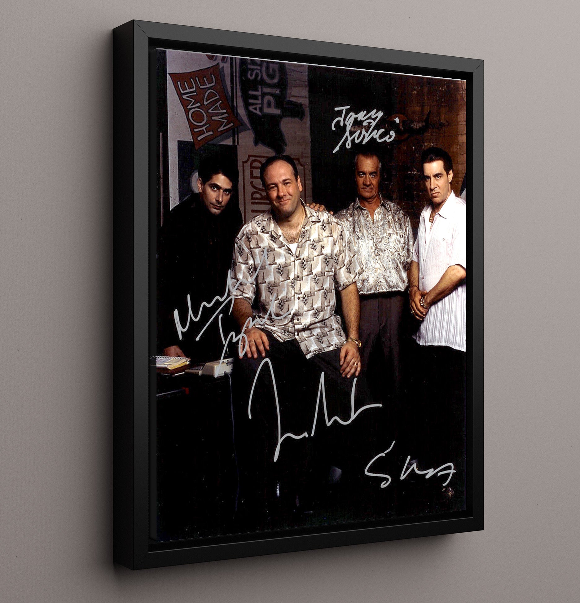 The Sopranos - James Gandolfini (Tony Soprano) Ensemble Cast Against Brick Wall - Vintage Television Wall Art - 16x20 Framed Canvas wall art print - television decor