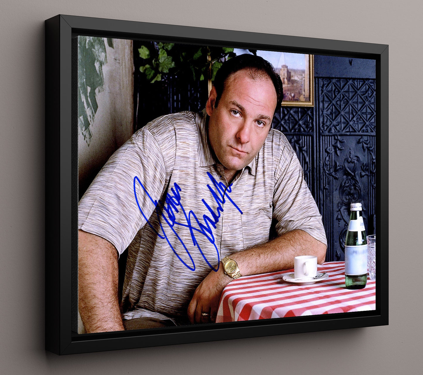 The Sopranos - James Gandolfini (Tony Soprano) Restaurant Table Scene - Vintage Television Wall Art - 16x20 Framed Canvas wall art print - television decor