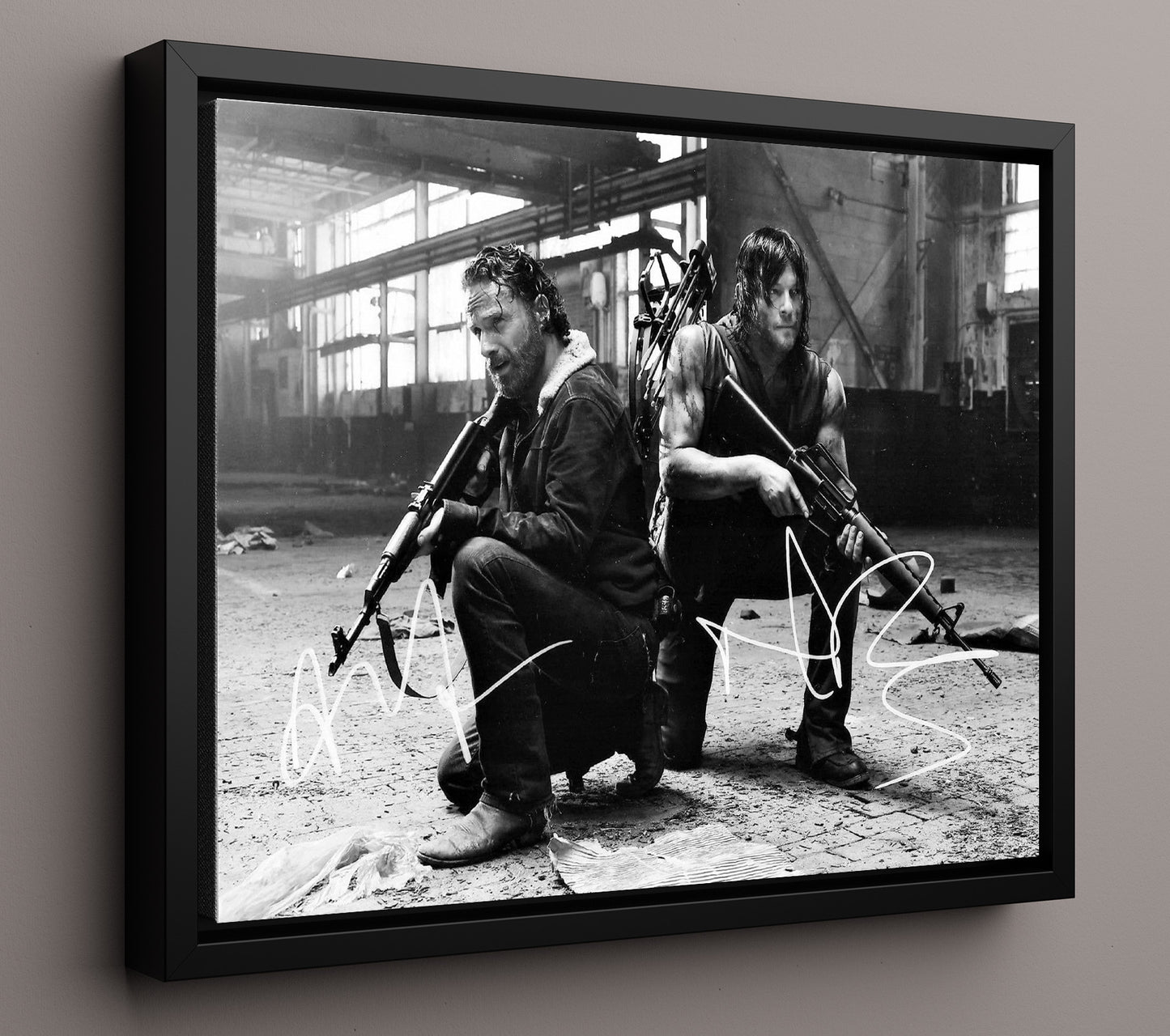 The Walking Dead - Andrew Lincoln (Rick Grimes) and Norman Reedus (Daryl Dixon) Armed Standoff Pose - Vintage Television Wall Art - 16x20 Framed Canvas wall art print - television decor