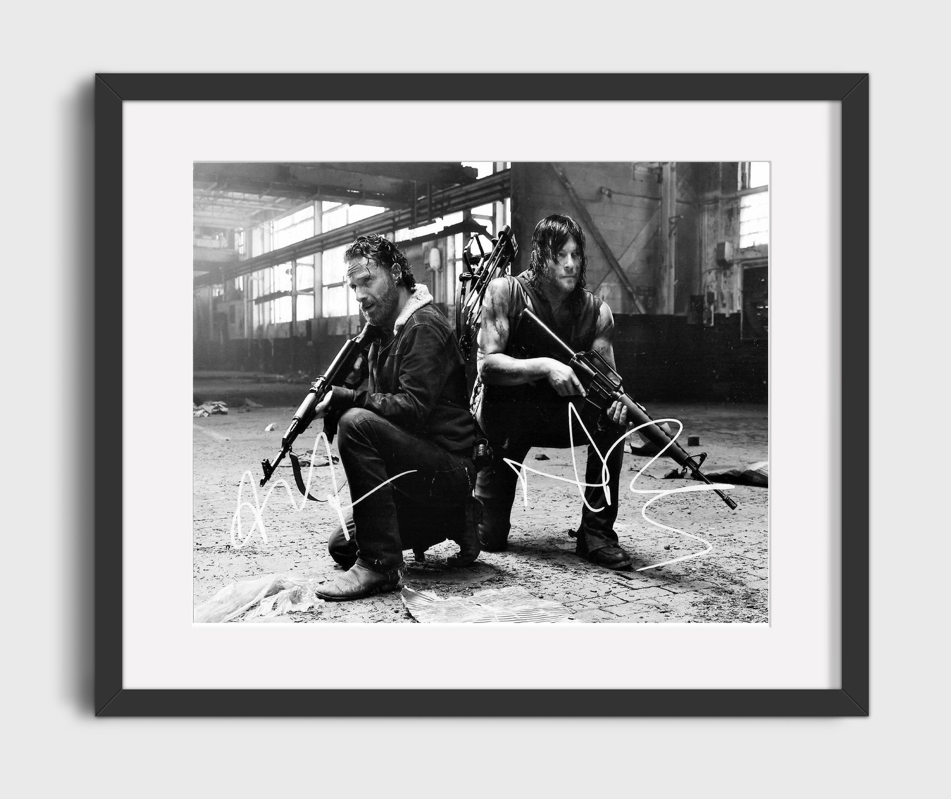 The Walking Dead - Andrew Lincoln (Rick Grimes) and Norman Reedus (Daryl Dixon) Armed Standoff Pose - Vintage Television Wall Art - 16x20 Gallery Frame wall art print - television decor