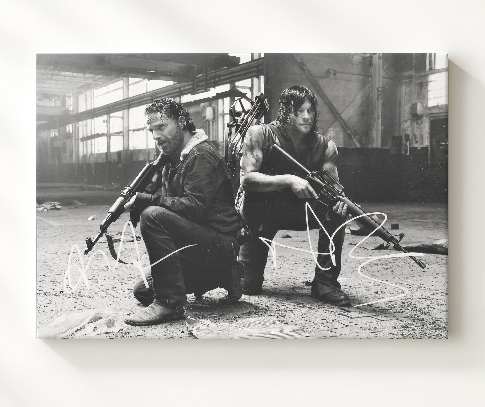 The Walking Dead - Andrew Lincoln (Rick Grimes) and Norman Reedus (Daryl Dixon) Armed Standoff Pose - Vintage Television Wall Art - 20x24 Canvas wall art print - television decor