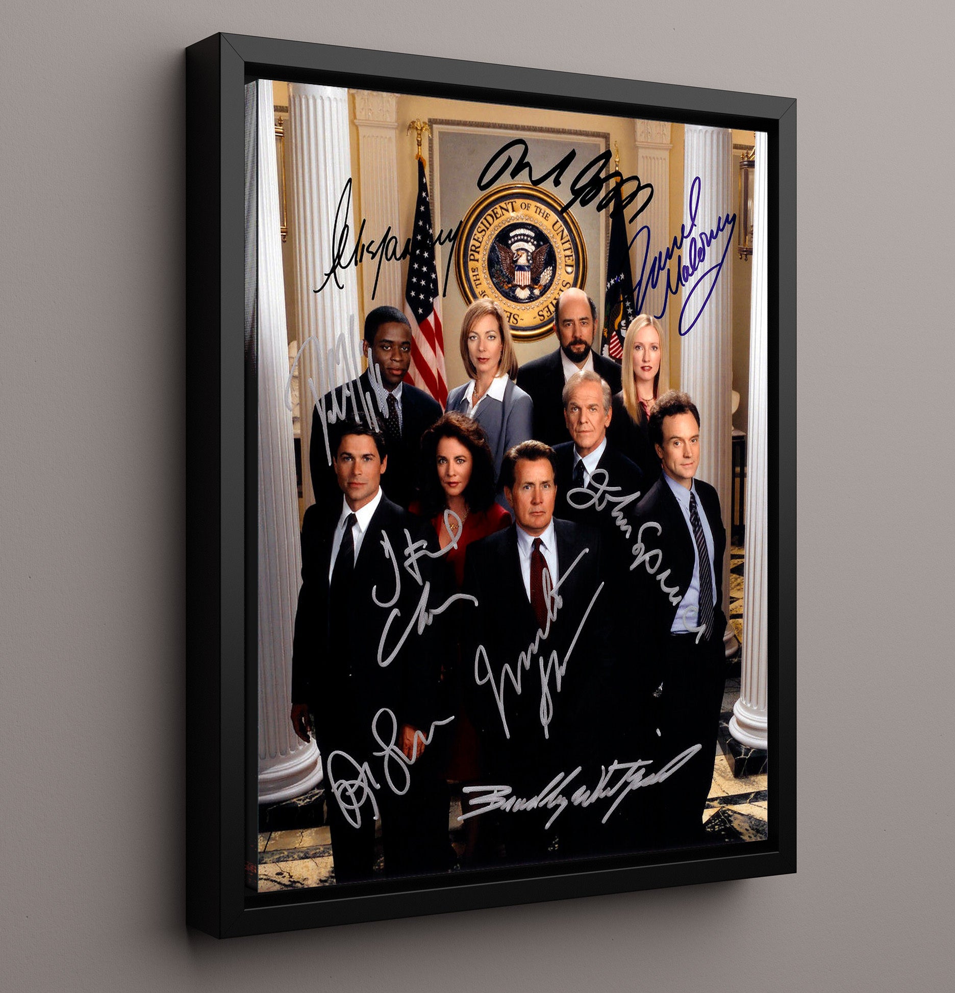 The West Wing - Martin Sheen (President Jed Bartlet) White House Ensemble Cast - Vintage Television Wall Art - 16x20 Framed Canvas wall art print - television decor