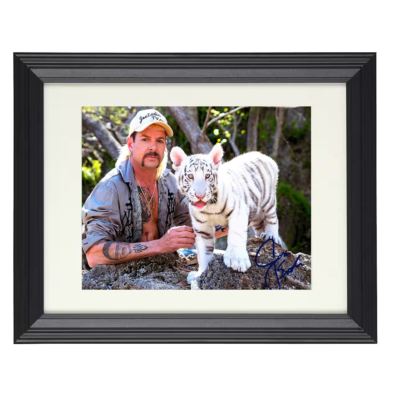 Tiger King – Joe Exotic (Joe Exotic) White Tiger Cub Image – 8x10 black beveled framed television wall art