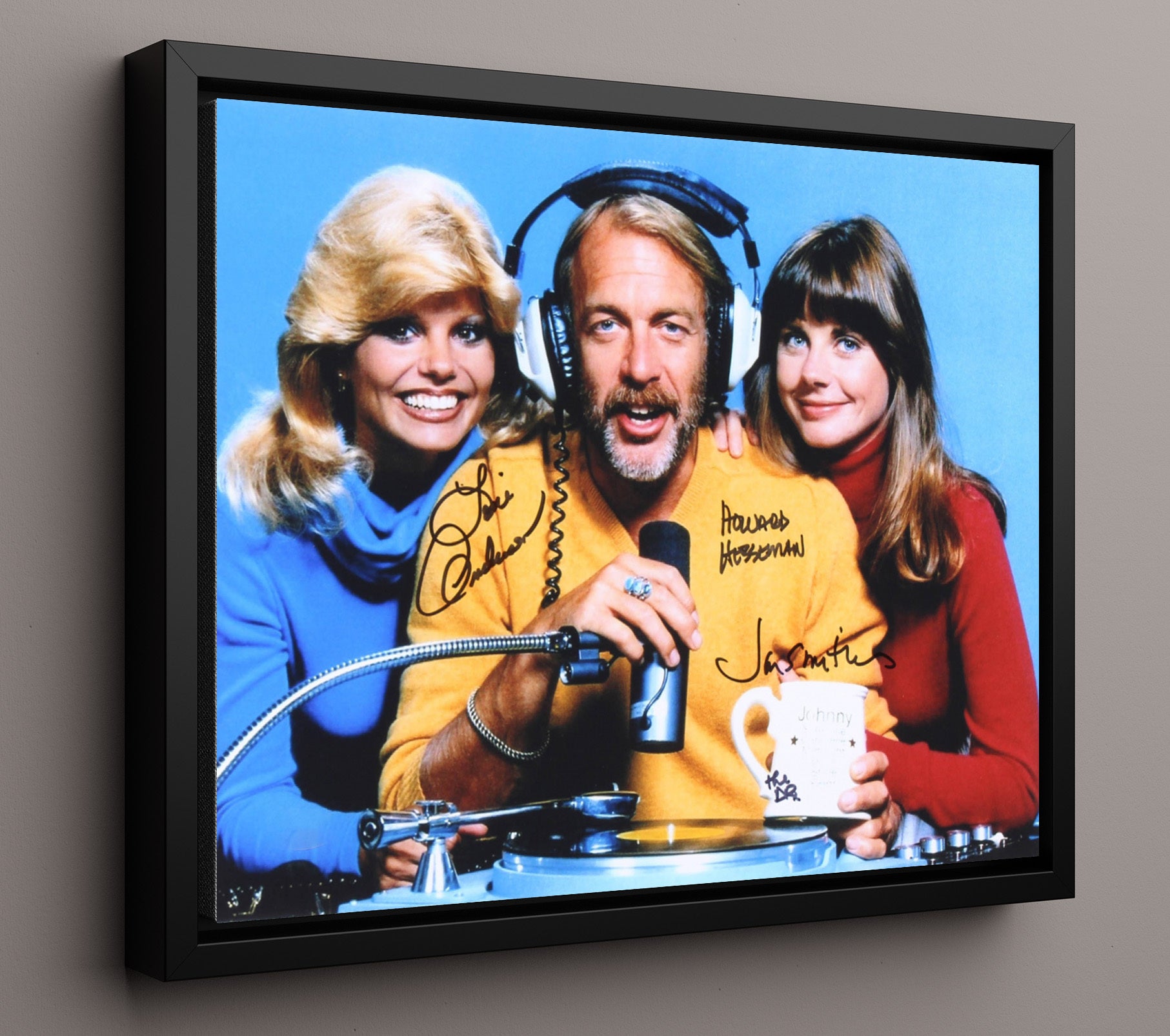 WKRP in Cincinnati - Howard Hesseman (Johnny Fever) and Loni Anderson (Jennifer Marlowe) and Jan Smithers (Bailey Quarters) Radio Booth Microphone - Vintage Television Wall Art - 16x20 Framed Canvas wall art print - television decor