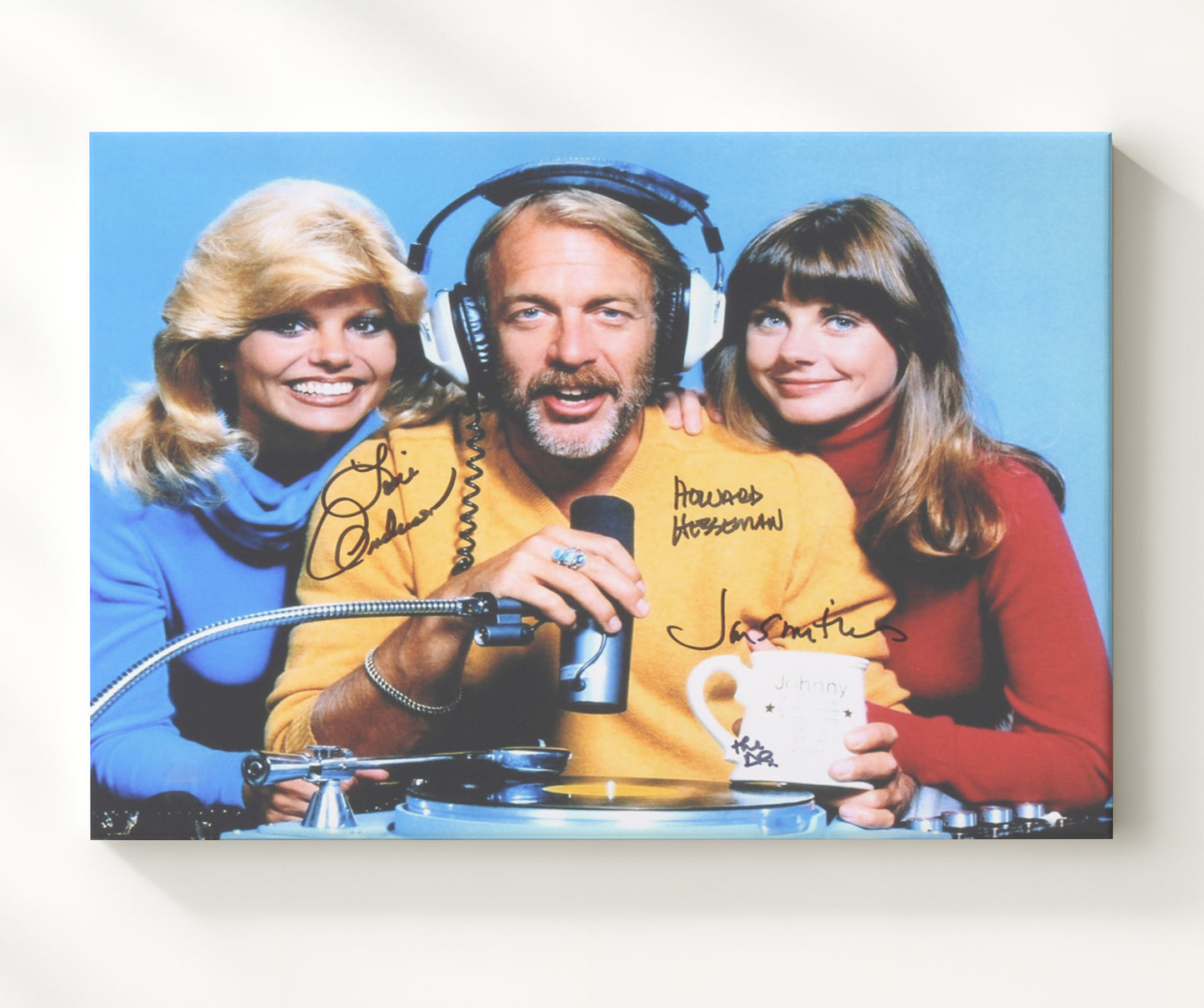 WKRP in Cincinnati - Howard Hesseman (Johnny Fever) and Loni Anderson (Jennifer Marlowe) and Jan Smithers (Bailey Quarters) Radio Booth Microphone - Vintage Television Wall Art - 20x24 Canvas wall art print - television decor
