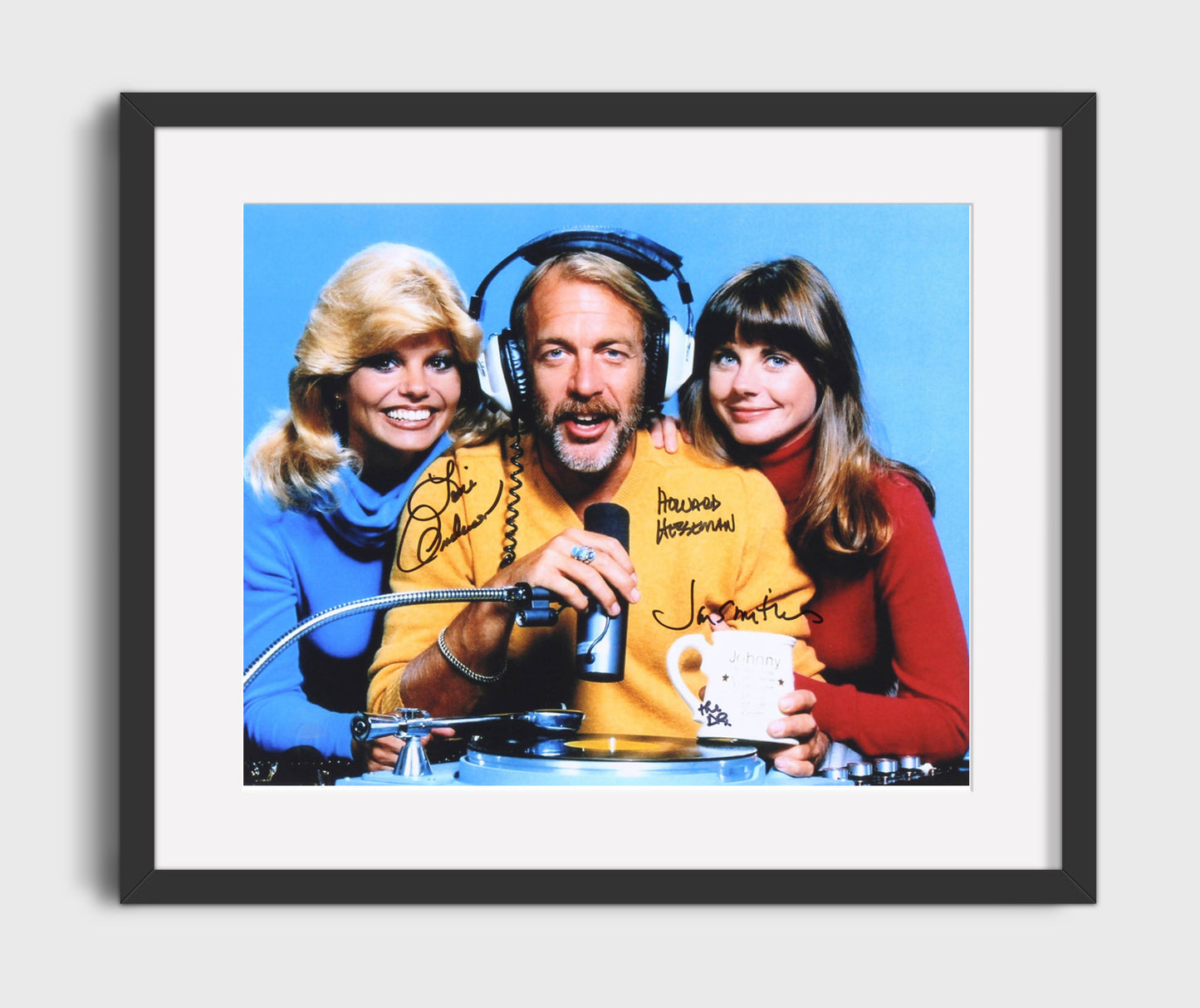 WKRP in Cincinnati - Howard Hesseman (Johnny Fever) and Loni Anderson (Jennifer Marlowe) and Jan Smithers (Bailey Quarters) Radio Booth Microphone - Vintage Television Wall Art - 16x20 Gallery Frame wall art print - television decor
