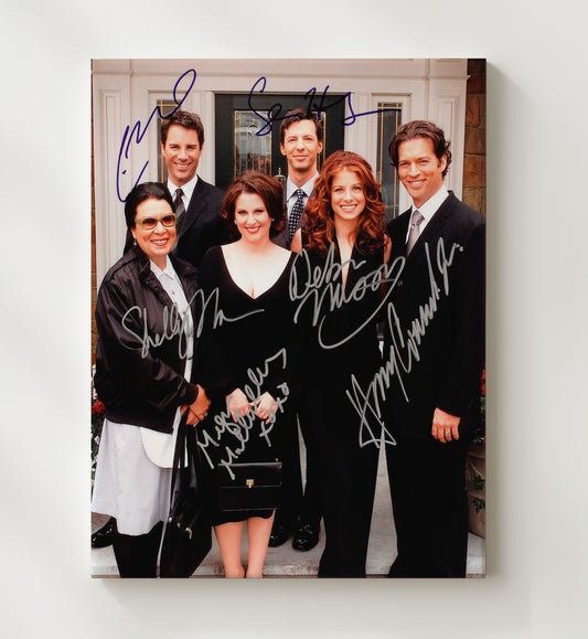 Will and Grace - Debra Messing (Grace Adler) Ensemble Cast Standing Outside Townhouse - Canvas television wall art