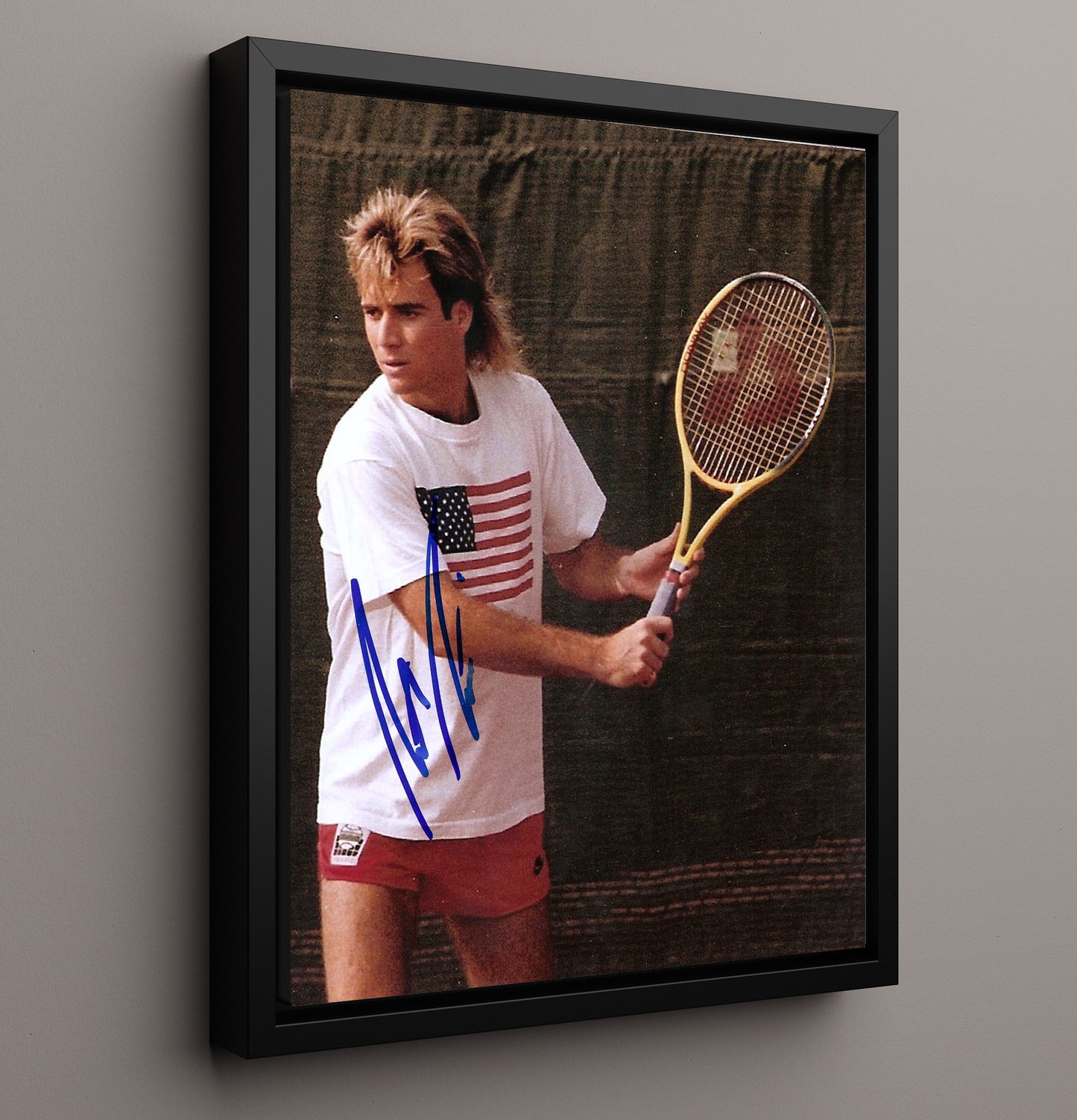 Andre Agassi - USA Flag Forehand Tennis Wall Art 16x20 Framed Canvas wall art print – Tennis Wall Art decor