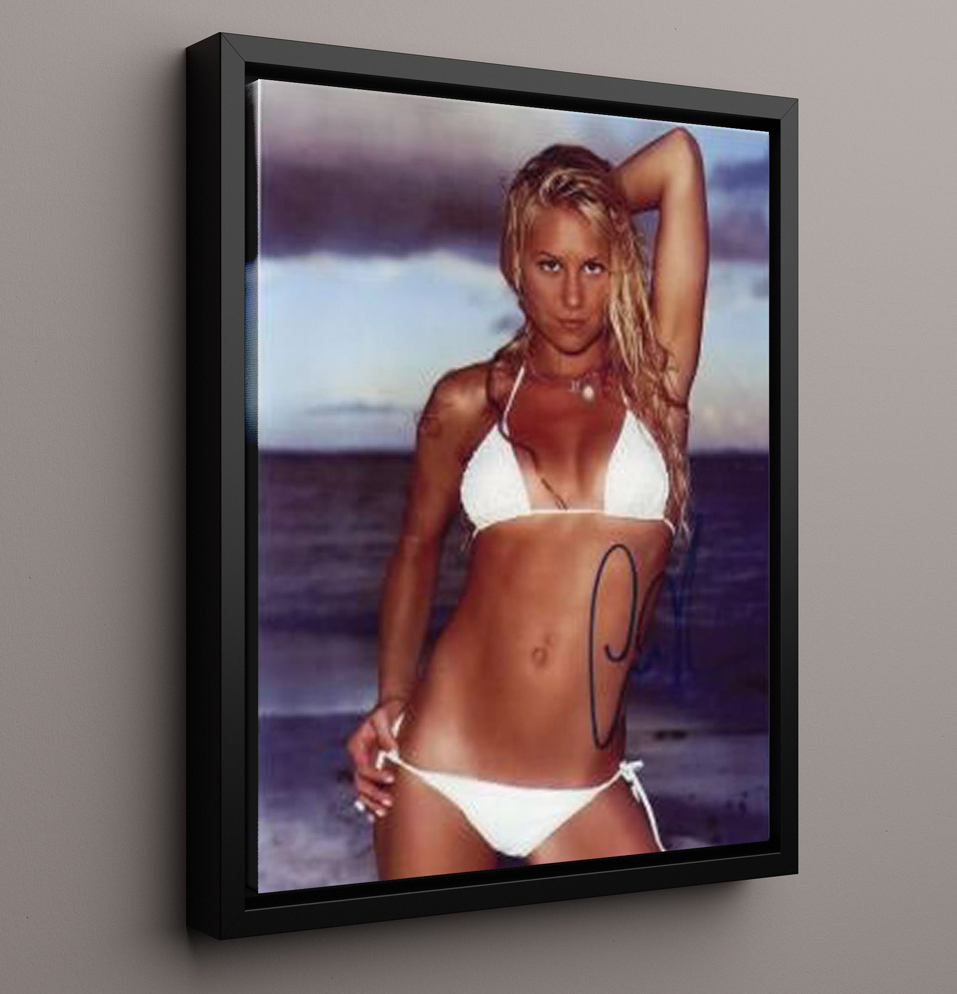 Anna Kournikova - White Swimsuit Beach Pose Tennis Wall Art 16x20 Framed Canvas wall art print – Tennis Wall Art decor