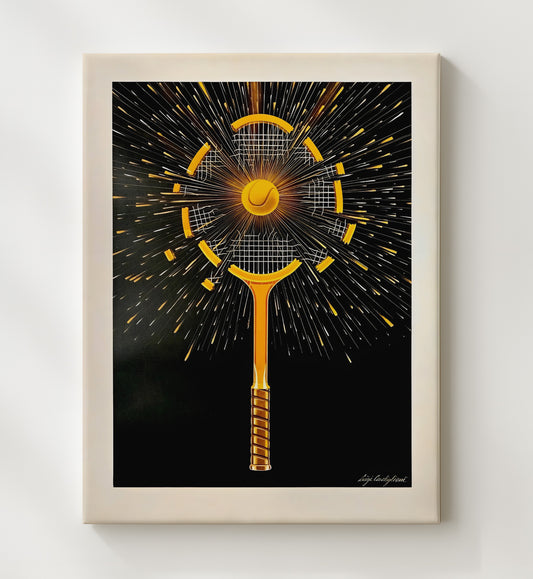 Exploding Racket - Power Smash Graphic Vintage Tennis Wall Art - 8x10 Beveled Frame
