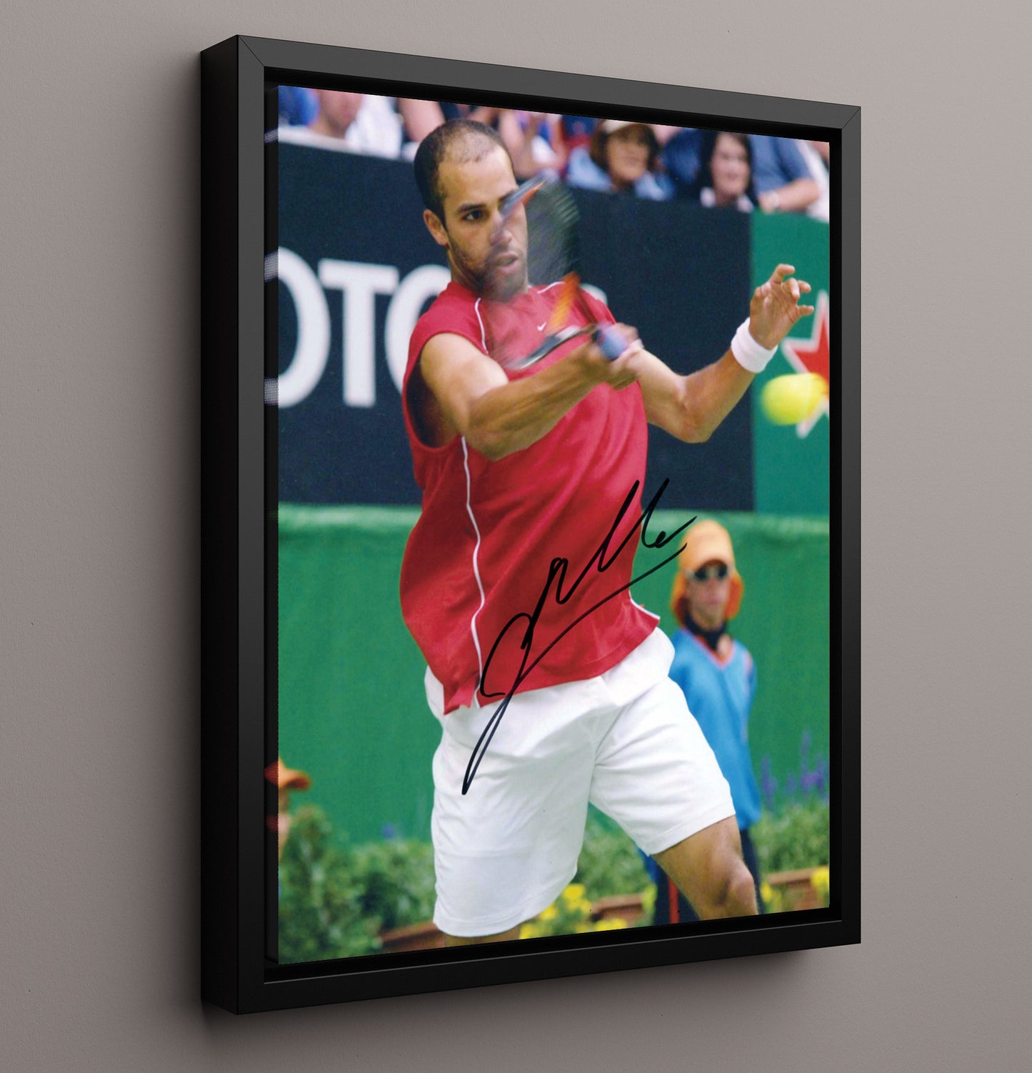 James Blake - Red Shirt Forehand Action Vintage Tennis Wall Art - 16x20 Framed Canvas