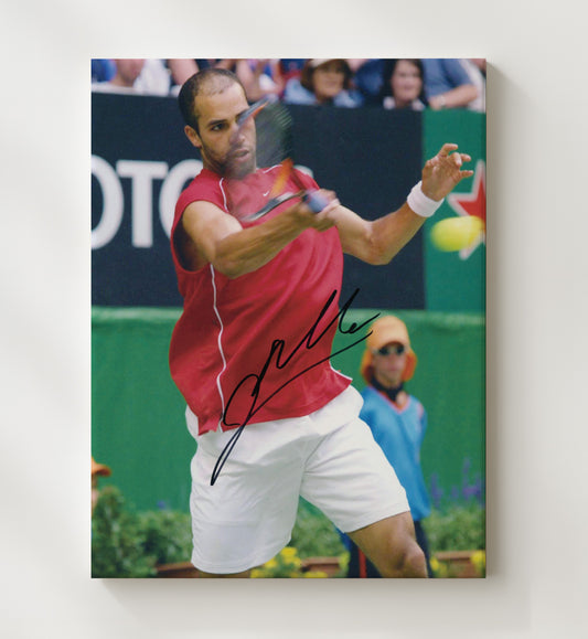 James Blake - Red Shirt Forehand Action Vintage Tennis Wall Art - 8x10 Beveled Frame
