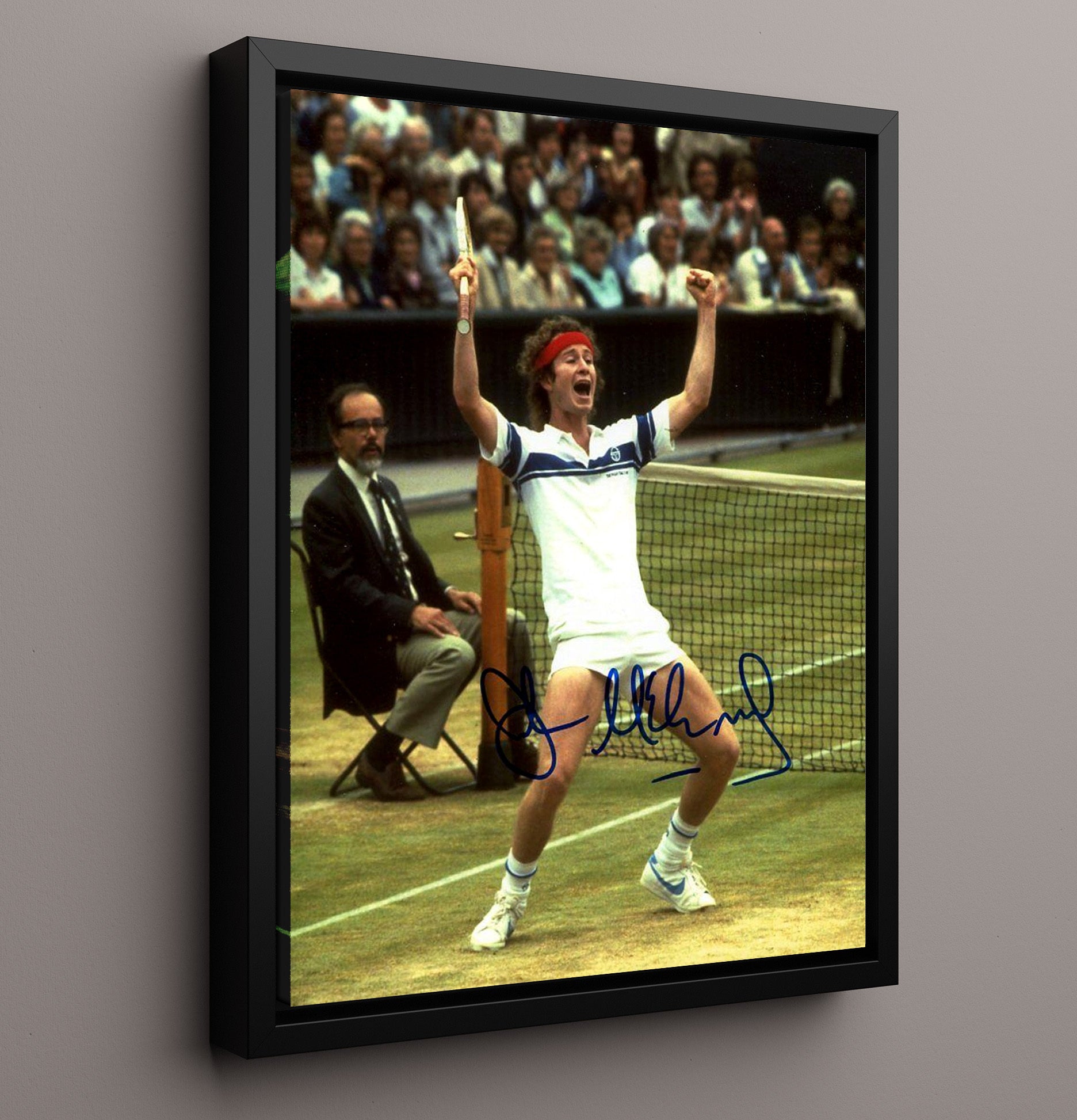 John McEnroe - Wimbledon Celebration Pose Tennis Wall Art 16x20 Framed Canvas wall art print – Tennis Wall Art decor
