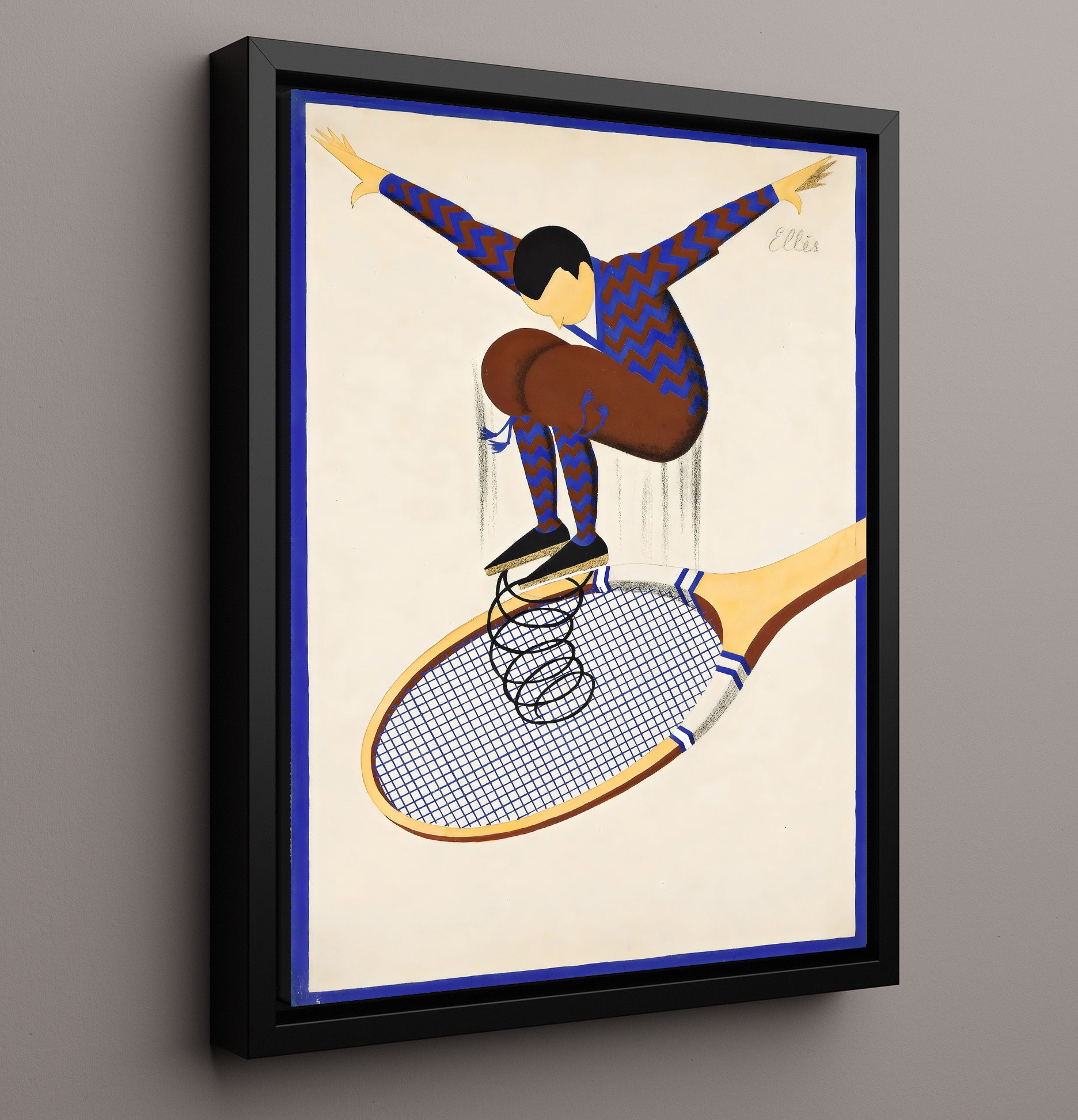 Man on Racket - Surreal Spring Bounce Art Tennis Wall Art 16x20 Framed Canvas wall art print – Tennis Wall Art decor