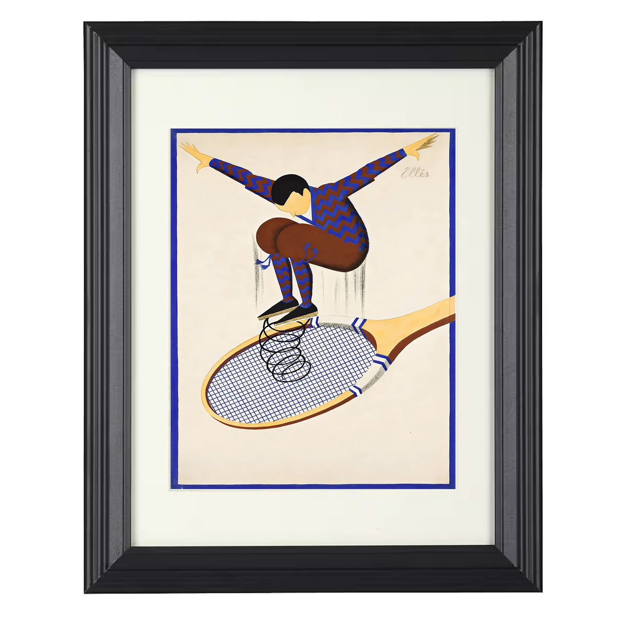 Man on Racket – Surreal Spring Bounce Art 8x10 matted black framed tennis wall art