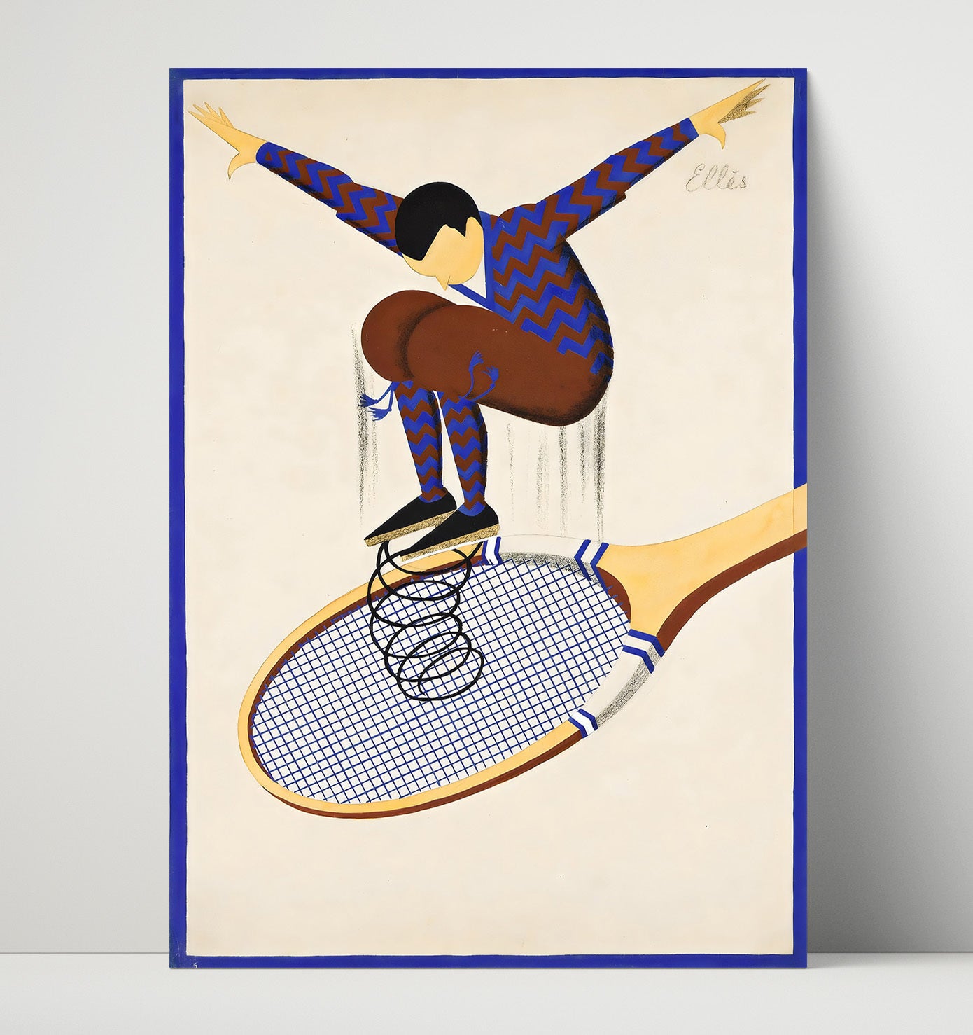 Man on Racket - Surreal Spring Bounce Art Tennis Wall Art 16x20 Unframed Print wall art print – Tennis Wall Art decor