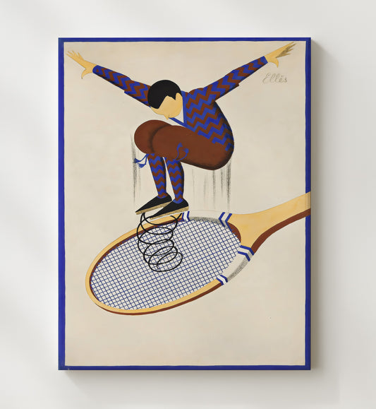 Man on Racket - Surreal Spring Bounce Art Vintage Tennis Wall Art - 8x10 Beveled Frame