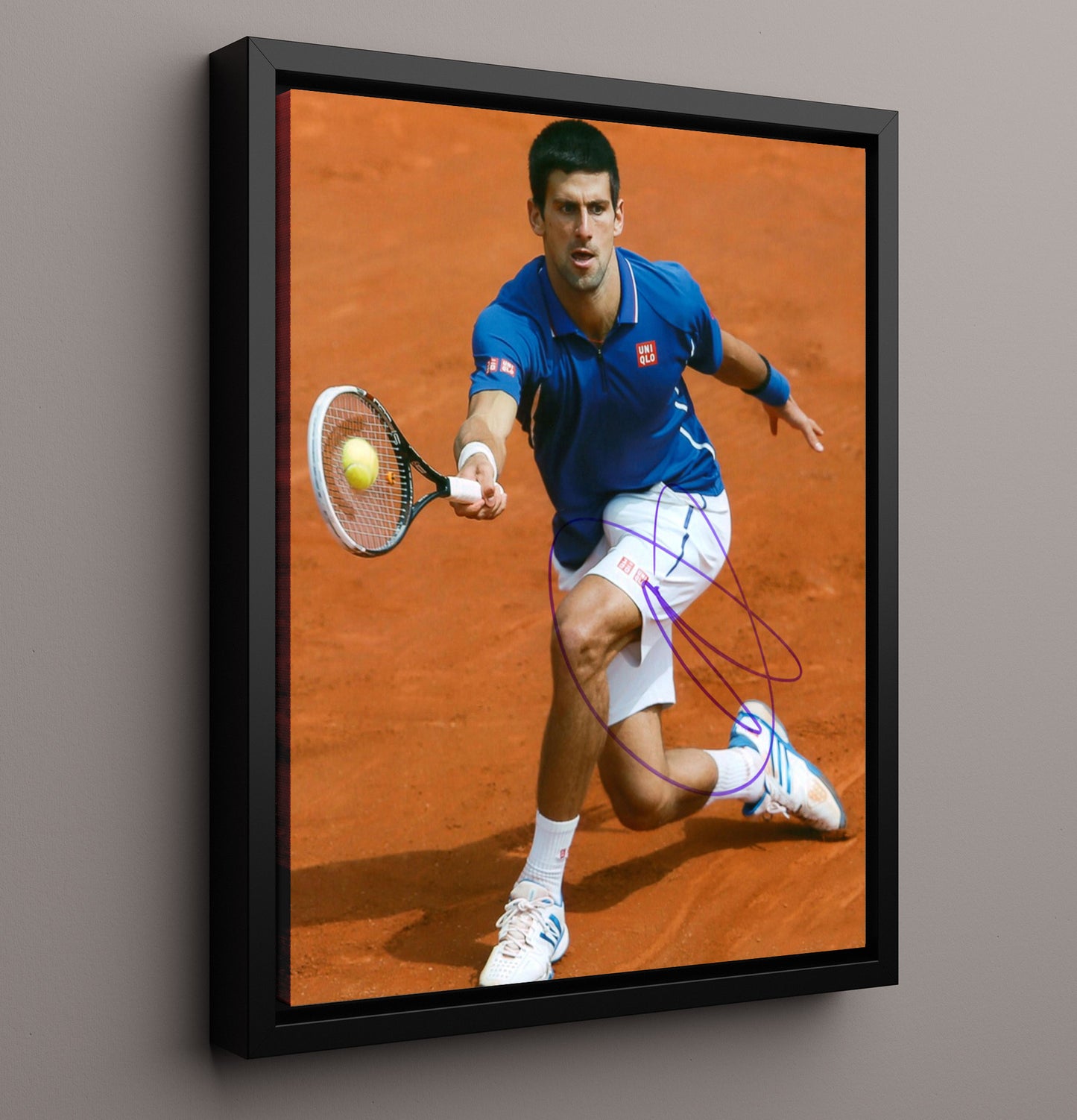Novak Djokovic - Clay Court Backhand Reach Vintage Tennis Wall Art - 16x20 Framed Canvas