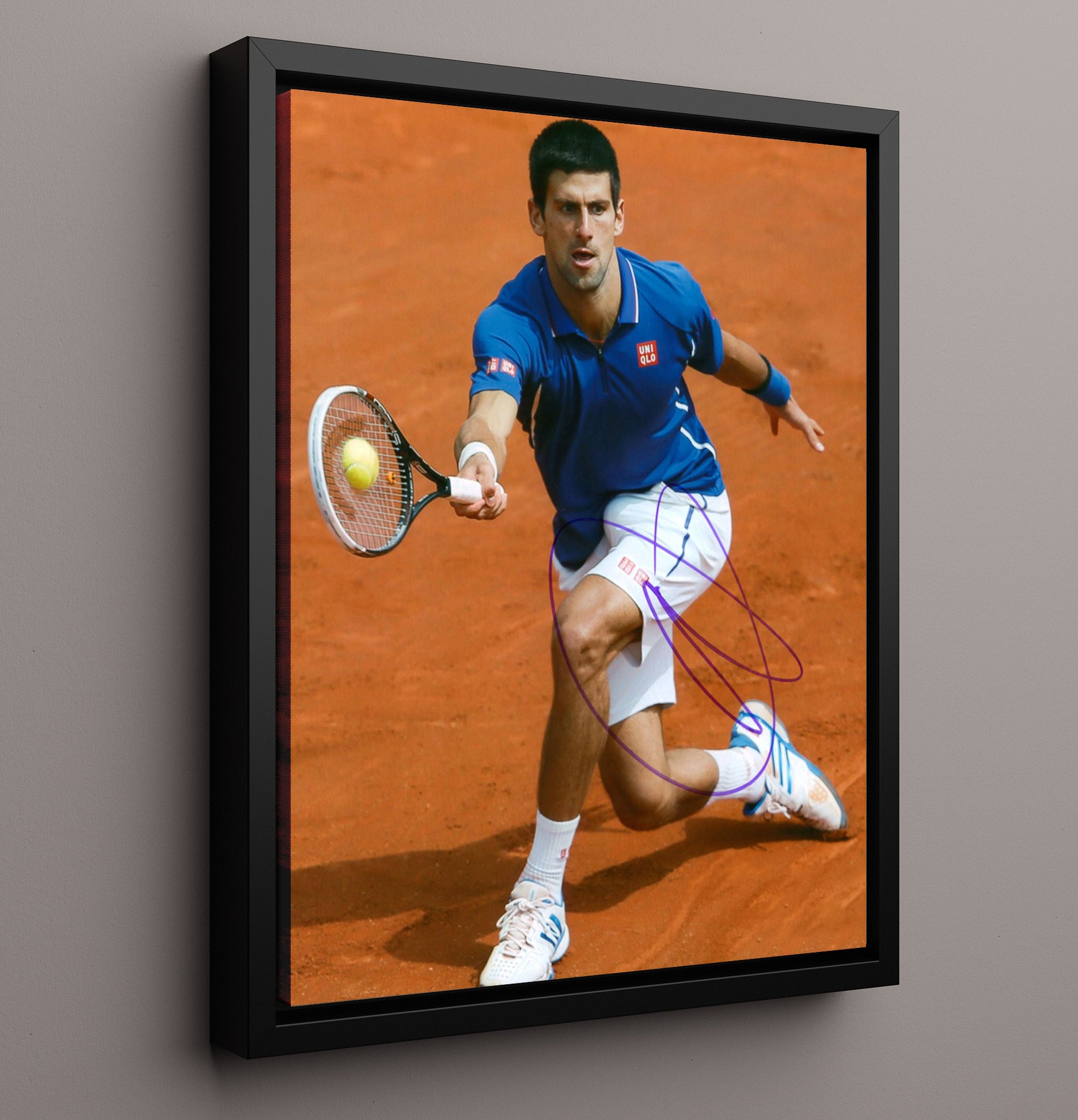 Novak Djokovic - Clay Court Backhand Reach Vintage Tennis Wall Art - 16x20 Framed Canvas