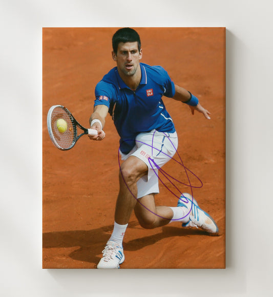 Novak Djokovic - Clay Court Backhand Reach Vintage Tennis Wall Art - 8x10 Beveled Frame