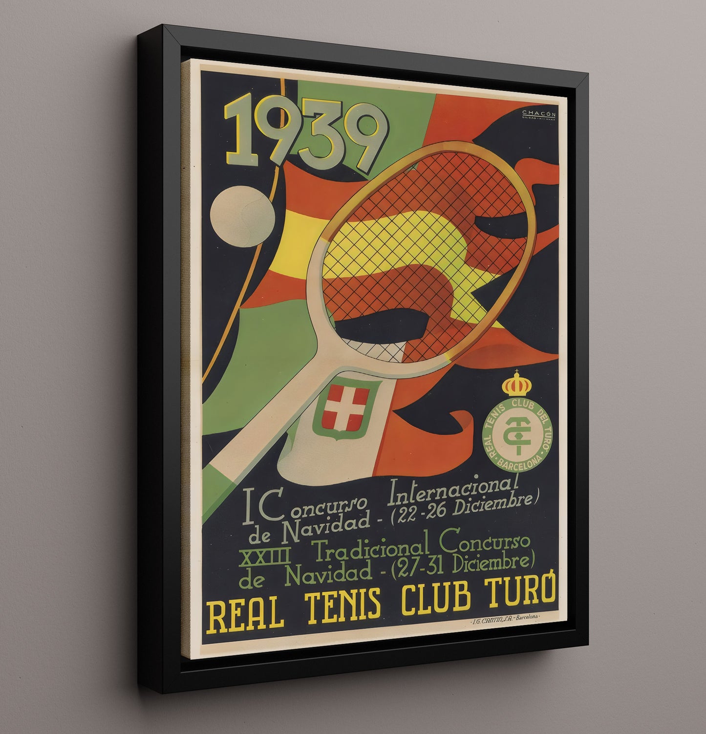 Real Tenis Club Turo - 1939 Barcelona Holiday Tournament Tennis Wall Art 16x20 Framed Canvas wall art print – Tennis Wall Art decor