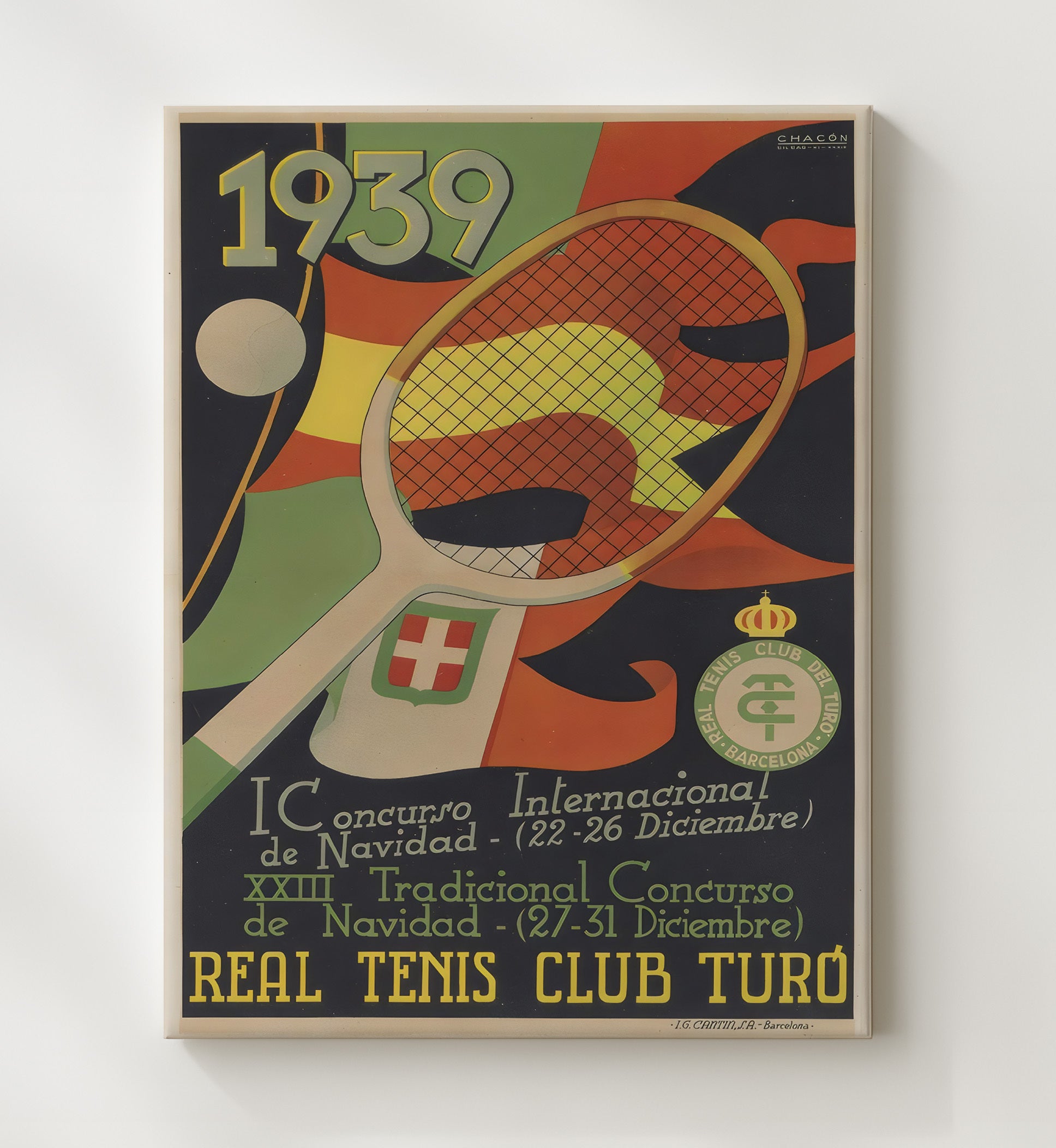 Real Tenis Club Turo - 1939 Barcelona Holiday Tournament Vintage Tennis Wall Art - 20x24 Canvas