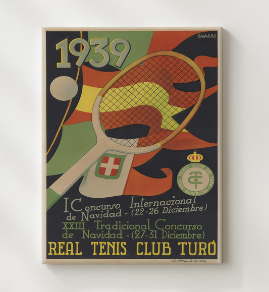 Real Tenis Club Turo - 1939 Barcelona Holiday Tournament Vintage Tennis Wall Art - 8x10 Beveled Frame