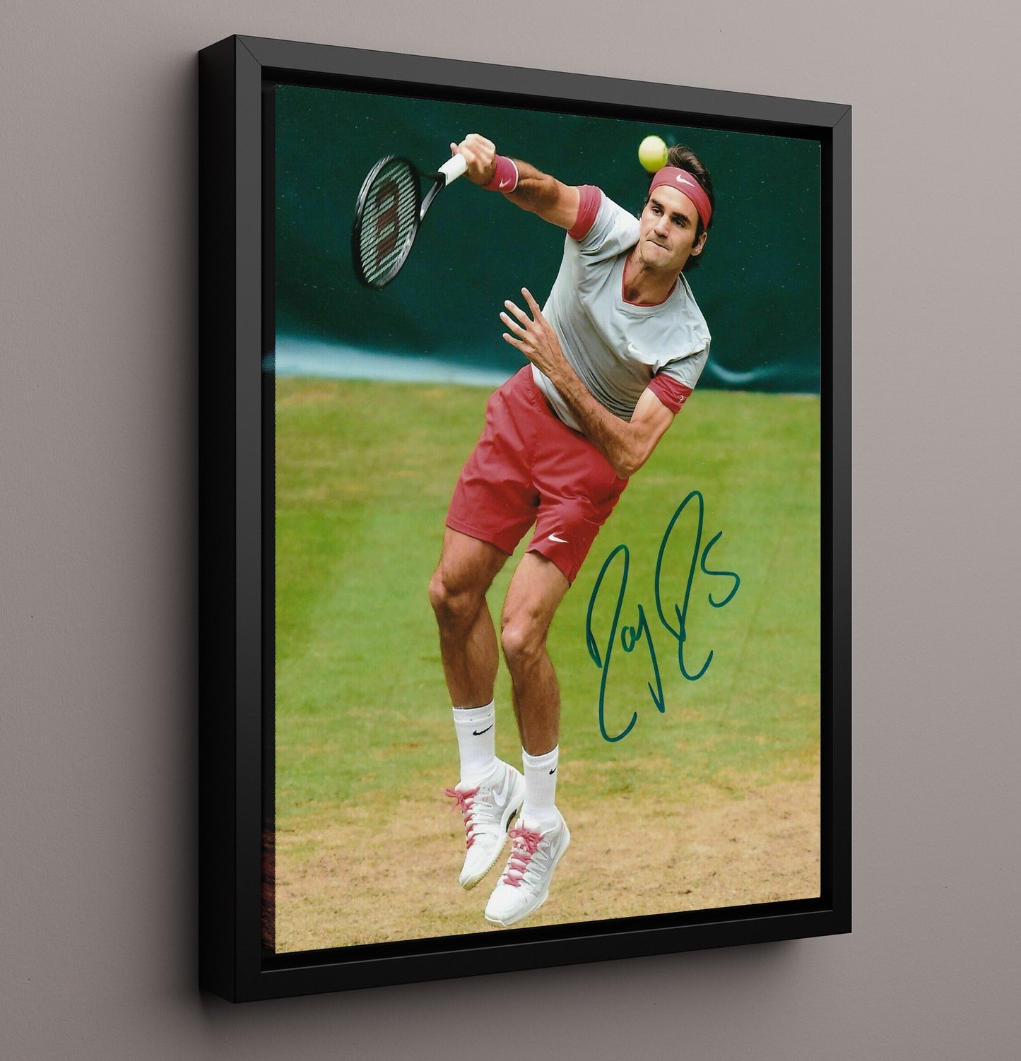 Roger Federer - Grass Court Serve Motion Tennis Wall Art 16x20 Framed Canvas wall art print – Tennis Wall Art decor