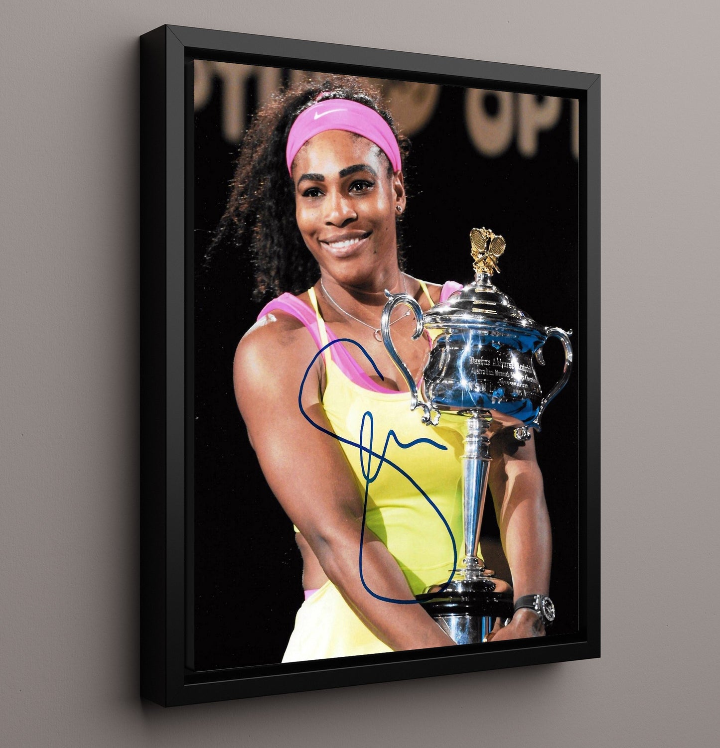 Serena Williams - Grand Slam Trophy Celebration Tennis Wall Art 16x20 Framed Canvas wall art print – Tennis Wall Art decor