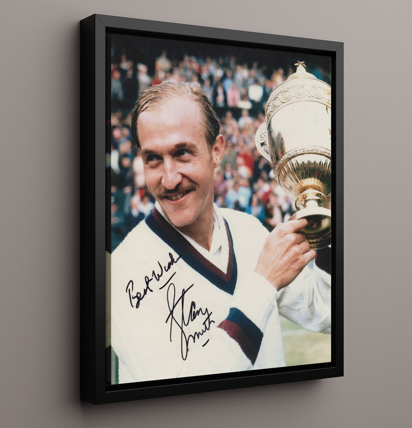 Stan Smith - Wimbledon Trophy Celebration Vintage Tennis Wall Art - 16x20 Framed Canvas
